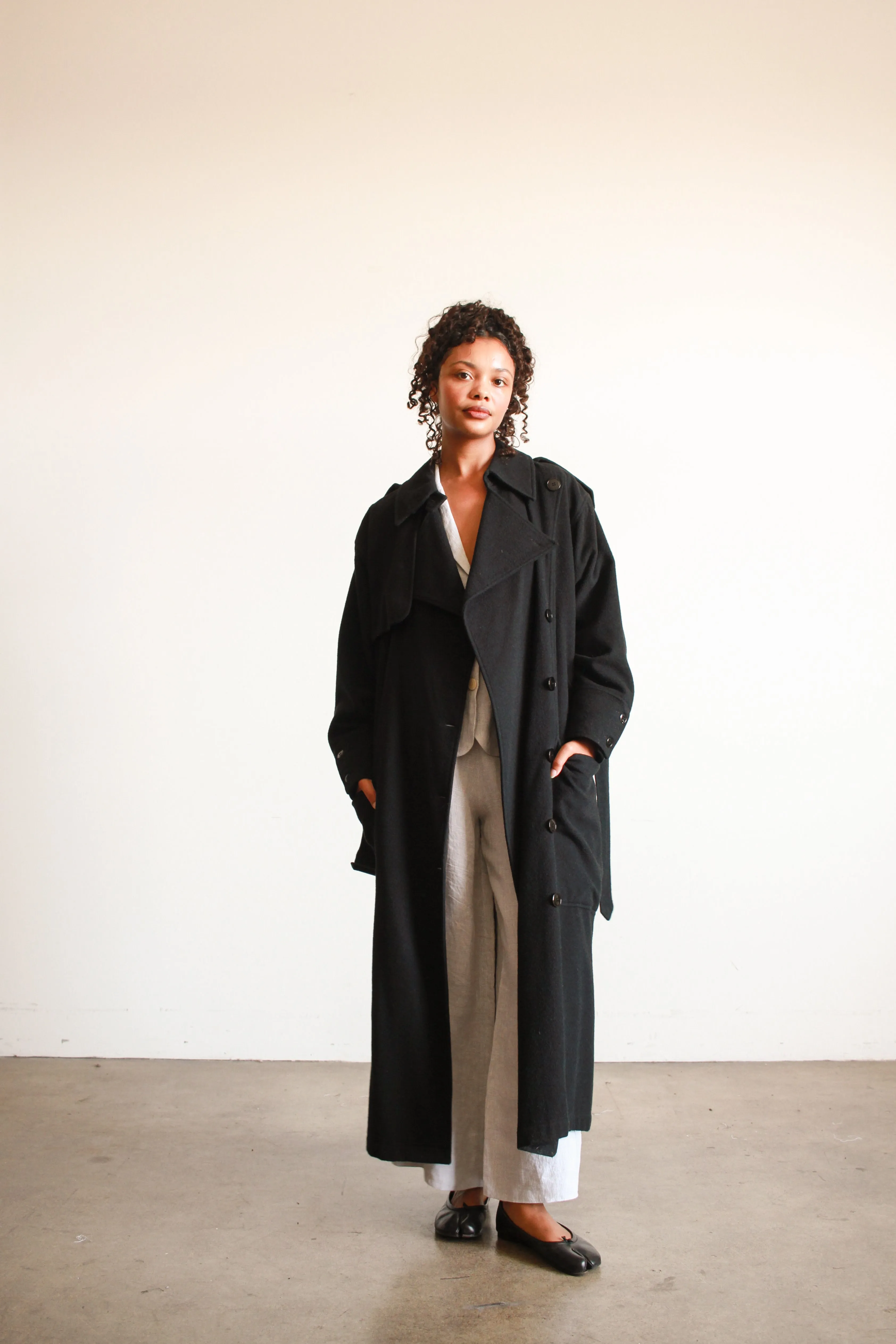 1980s Oversized Black Felt Wool Trench Coat