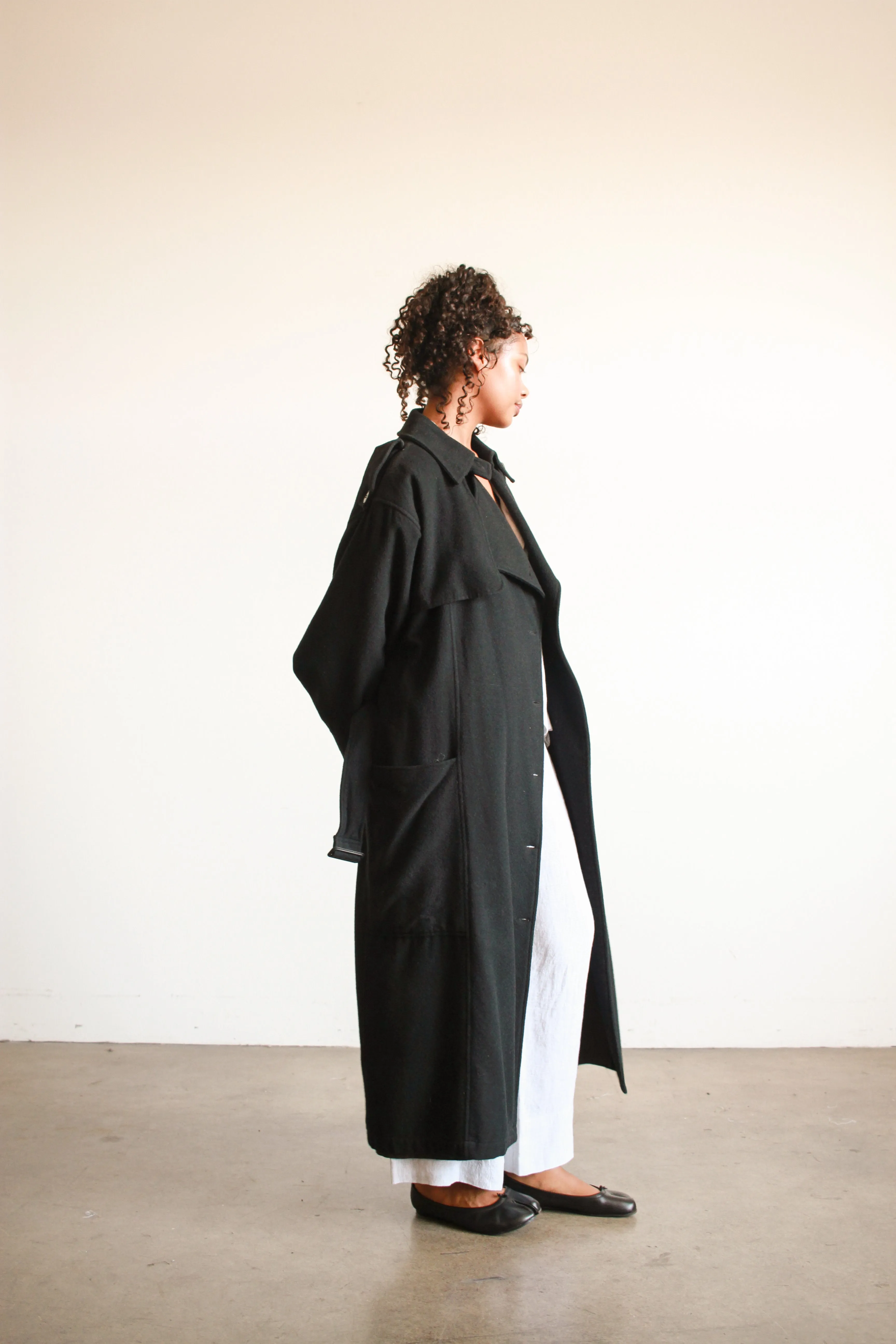 1980s Oversized Black Felt Wool Trench Coat