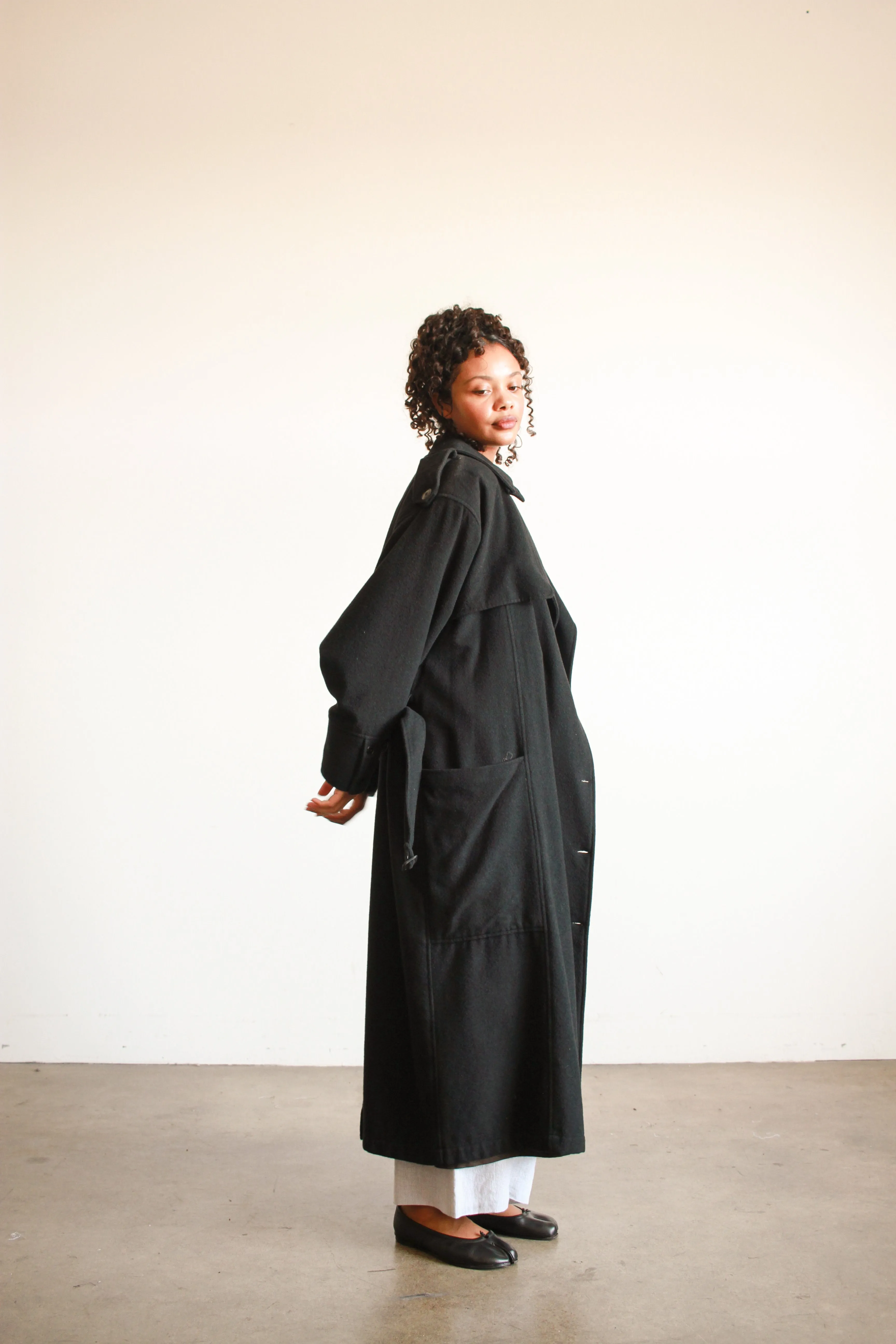 1980s Oversized Black Felt Wool Trench Coat