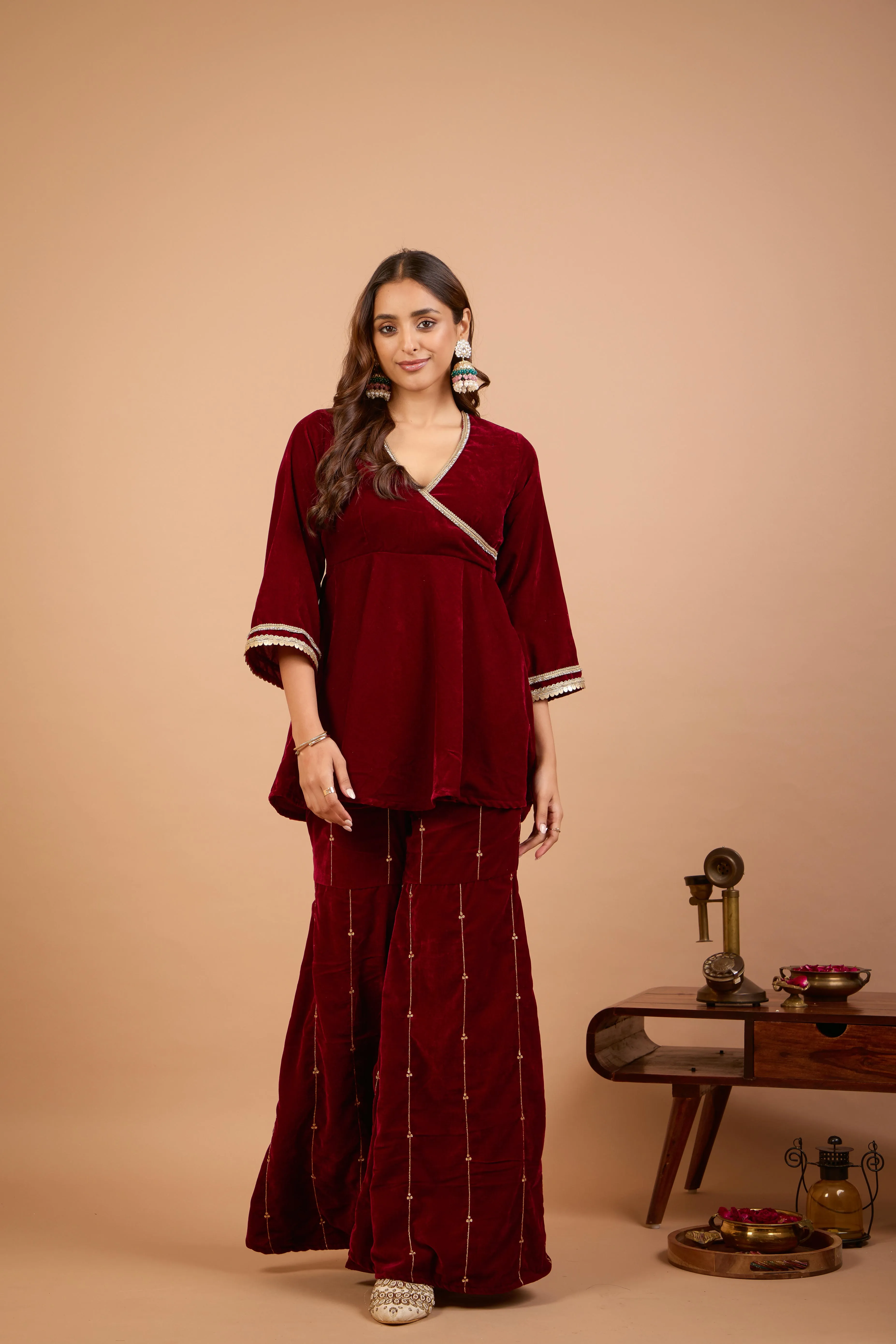 Alaya Jugni Plum Red Peplum Kurta with Embroidered Gharara