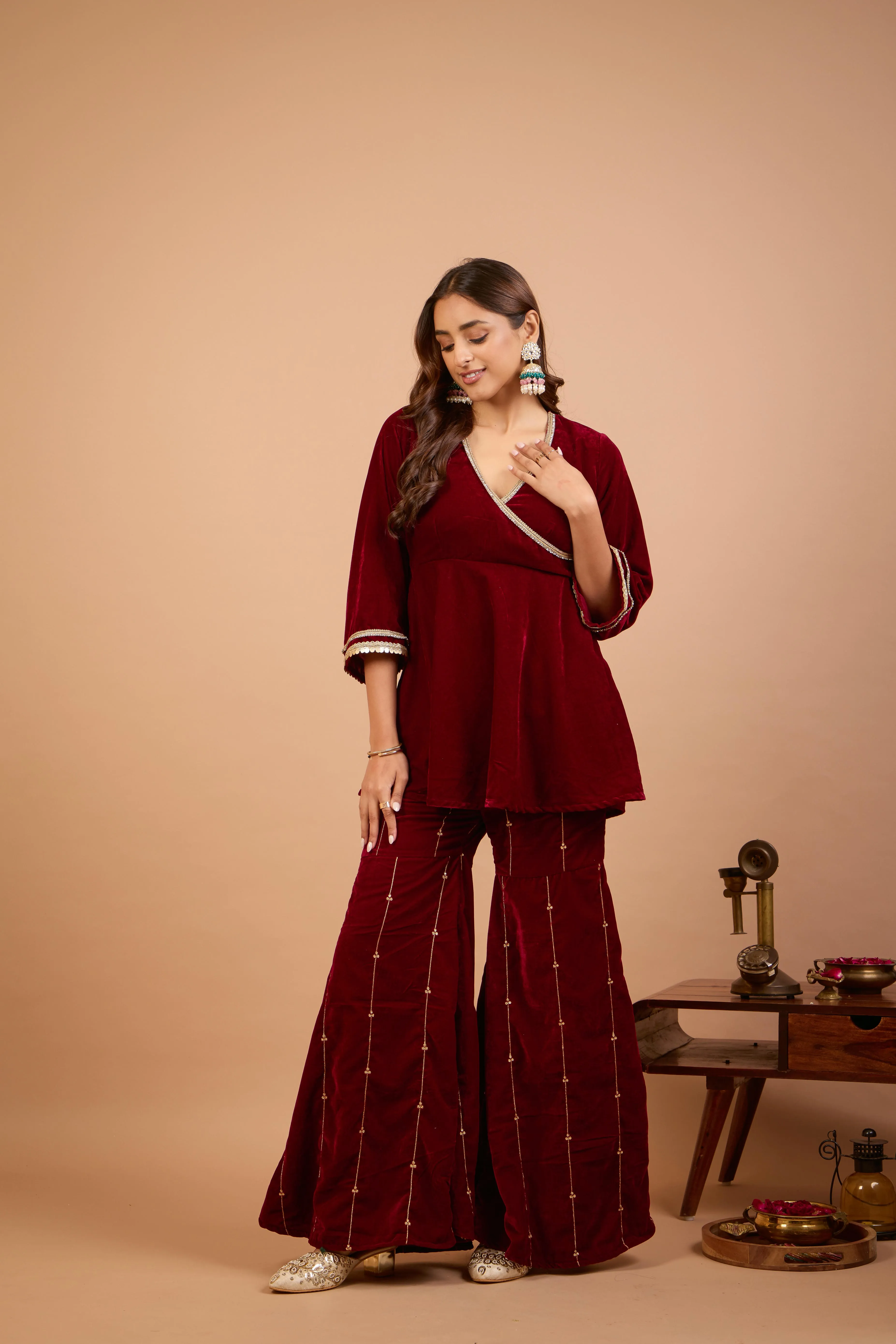 Alaya Jugni Plum Red Peplum Kurta with Embroidered Gharara