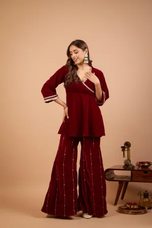 Alaya Jugni Plum Red Peplum Kurta with Embroidered Gharara