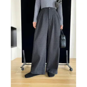 Amozae-Autumn Casual Outfits Amozae-Plaid Woolen Pants Women Elastic Waisted Straight Leg Pant In 2024 Winter