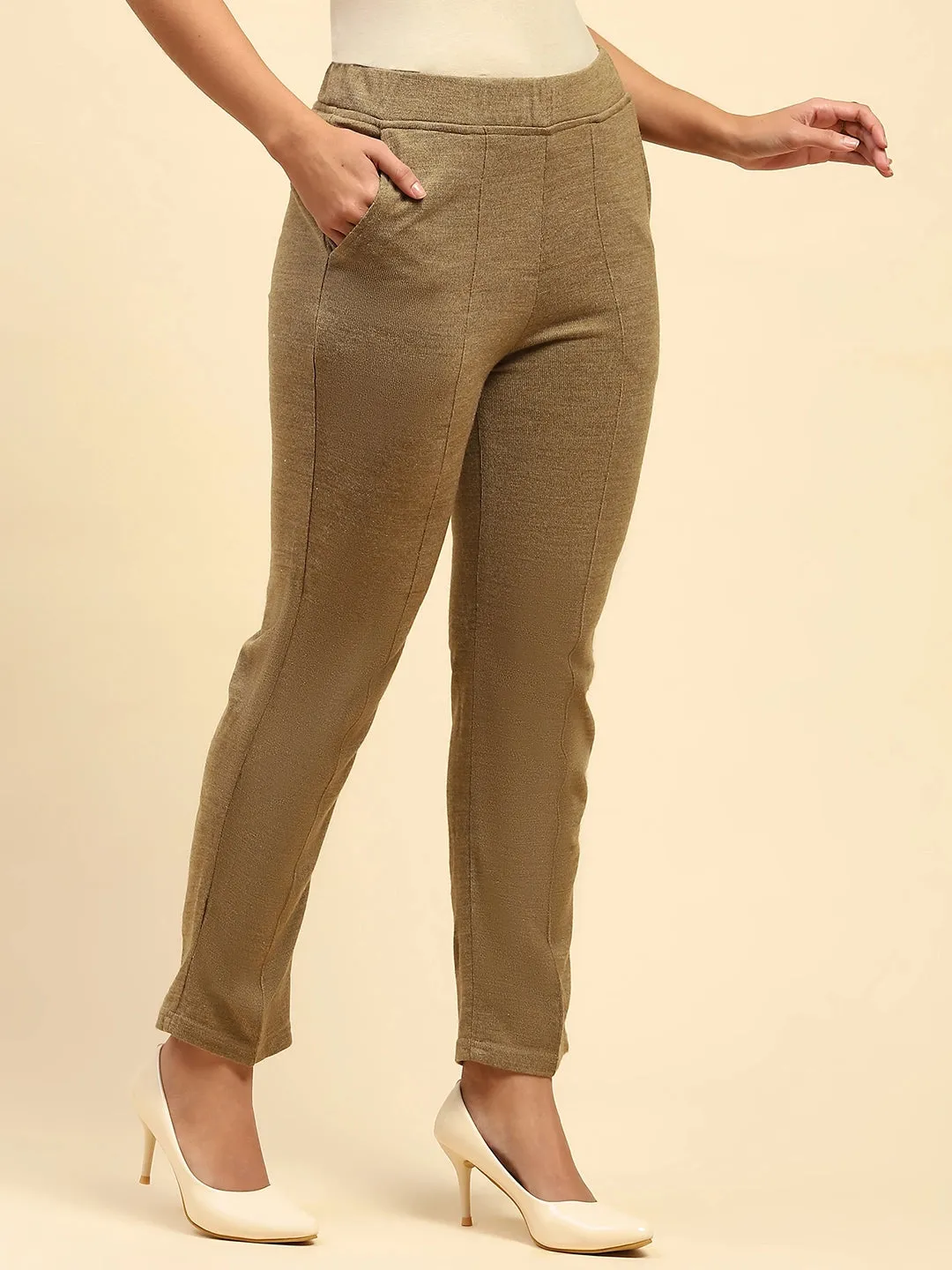 Beige Woolen Solid Pant For Winter