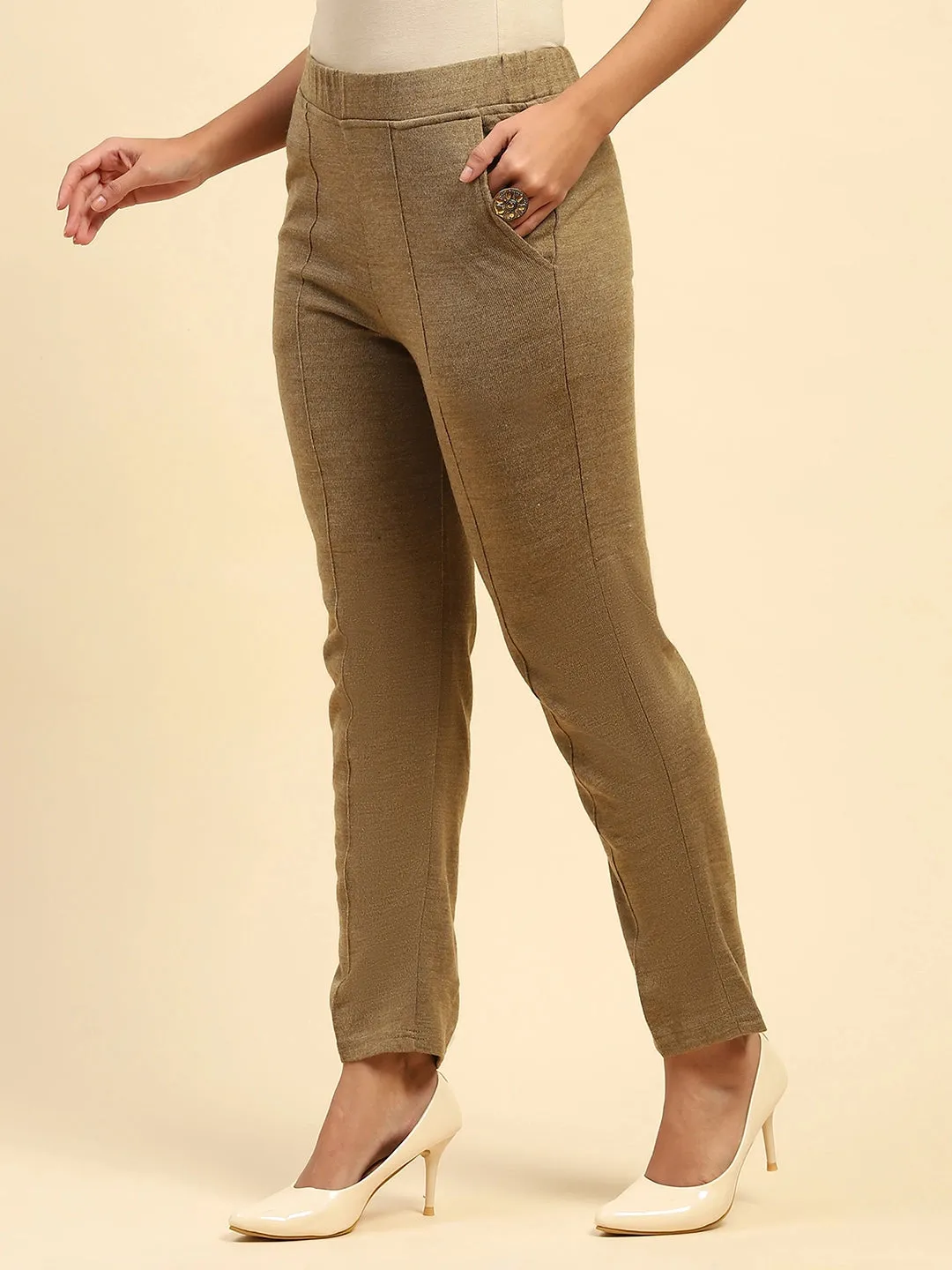 Beige Woolen Solid Pant For Winter