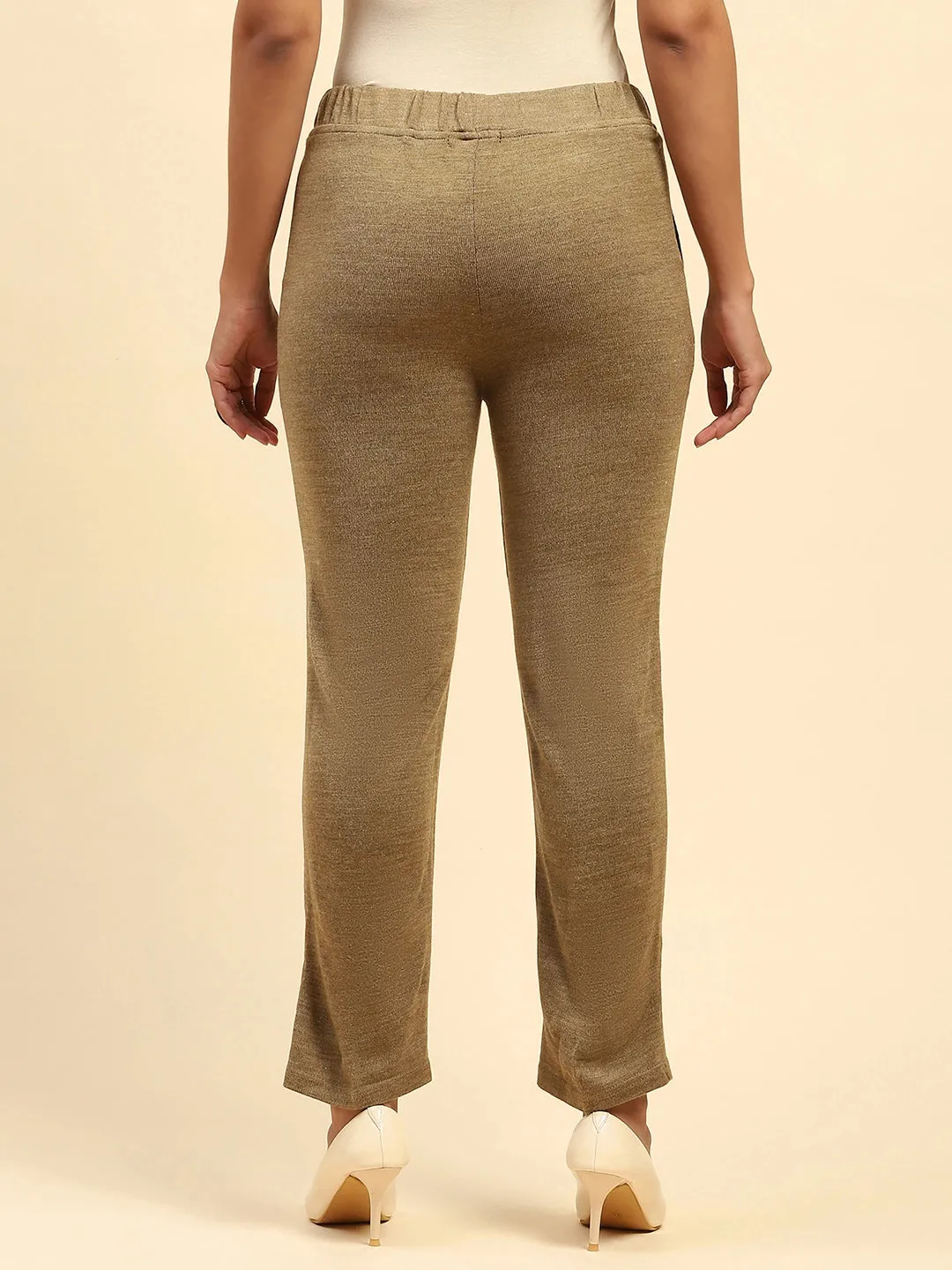 Beige Woolen Solid Pant For Winter