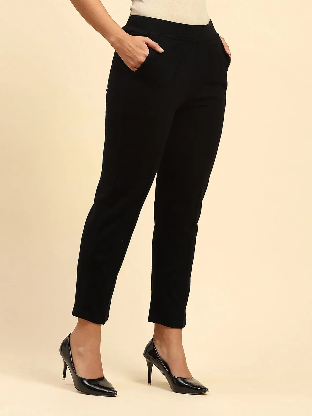 Black Woolen Solid Pant For Winter