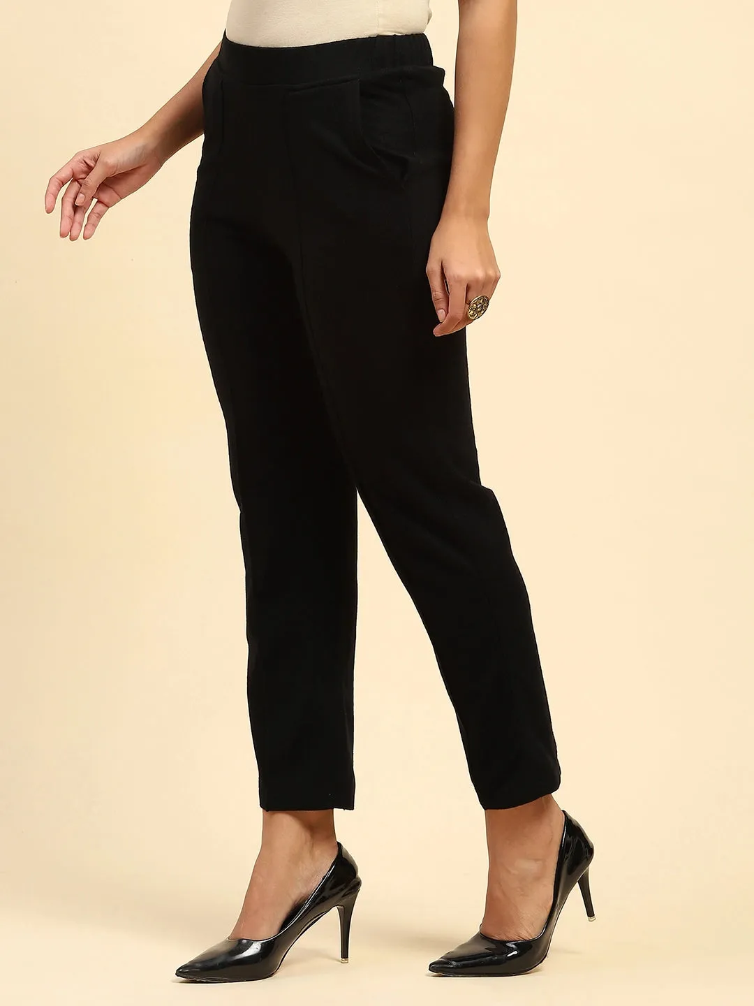 Black Woolen Solid Pant For Winter