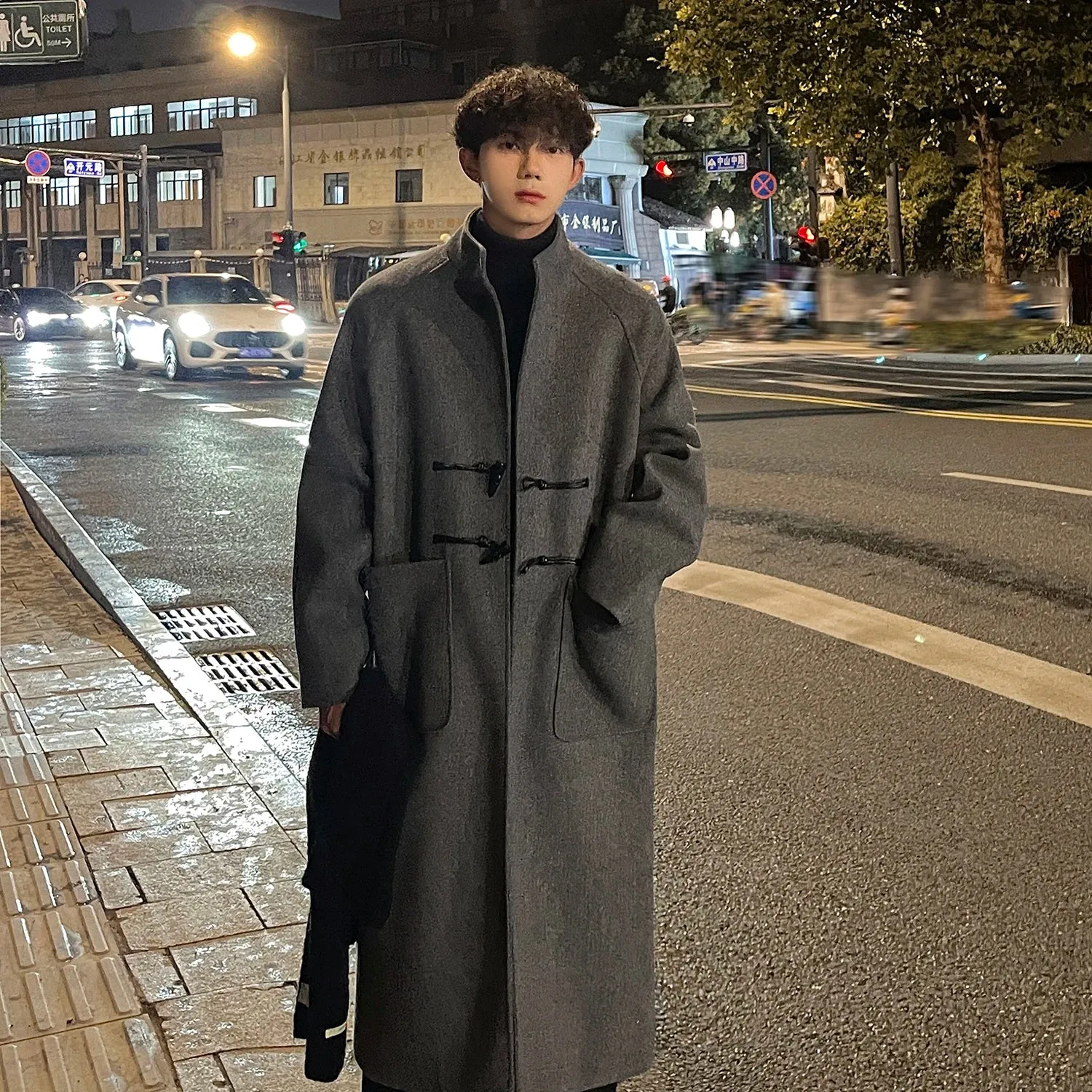 Bonsir Autumn Winter Men Horn Button Woolen Coat Mid Length Stand Collar Trench Coat Solid Color Big Pocket Overcoat Streetwear