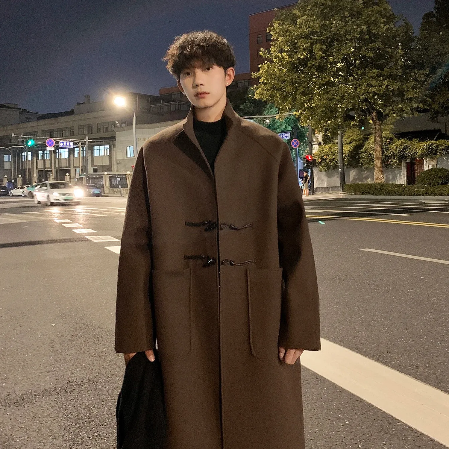 Bonsir Autumn Winter Men Horn Button Woolen Coat Mid Length Stand Collar Trench Coat Solid Color Big Pocket Overcoat Streetwear