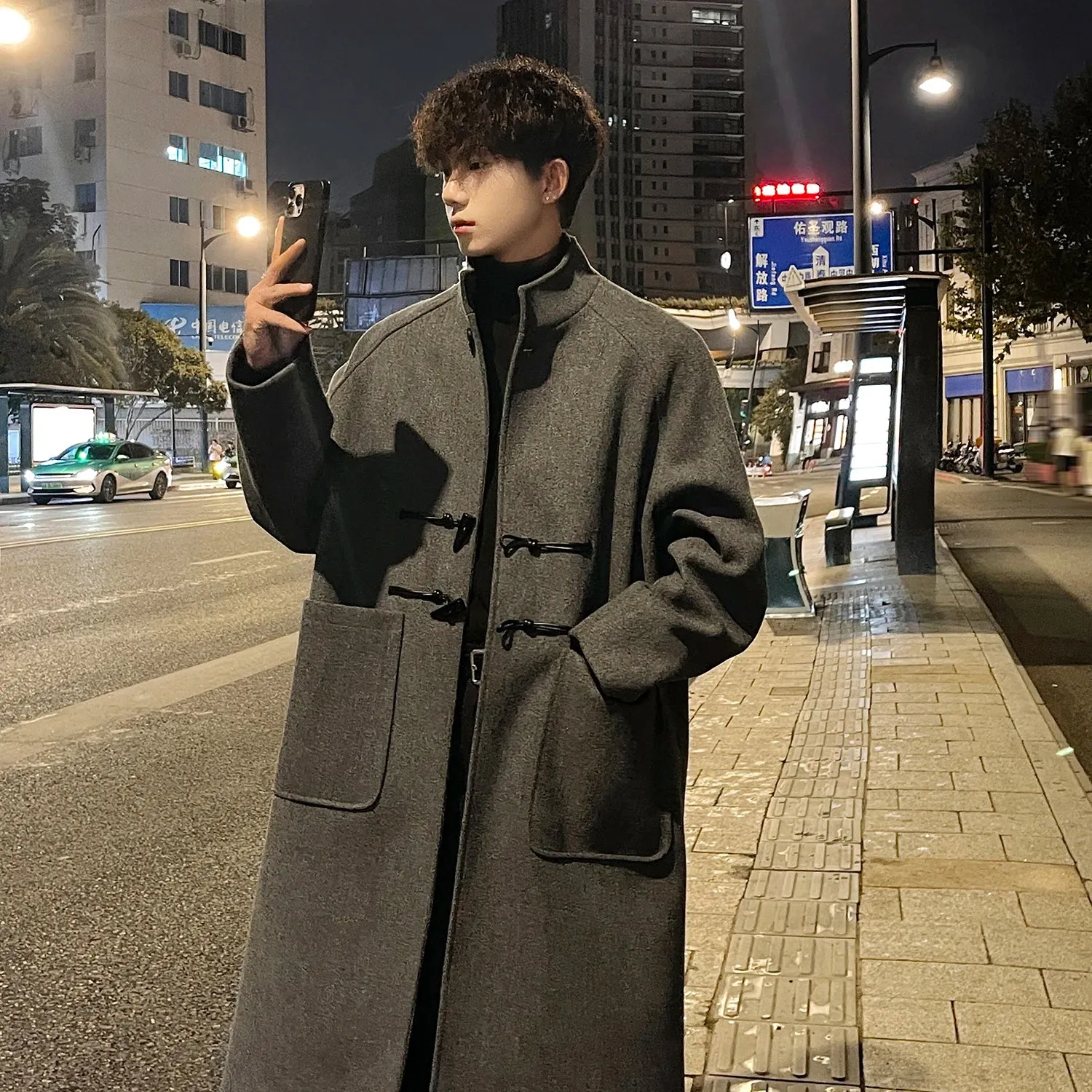 Bonsir Autumn Winter Men Horn Button Woolen Coat Mid Length Stand Collar Trench Coat Solid Color Big Pocket Overcoat Streetwear