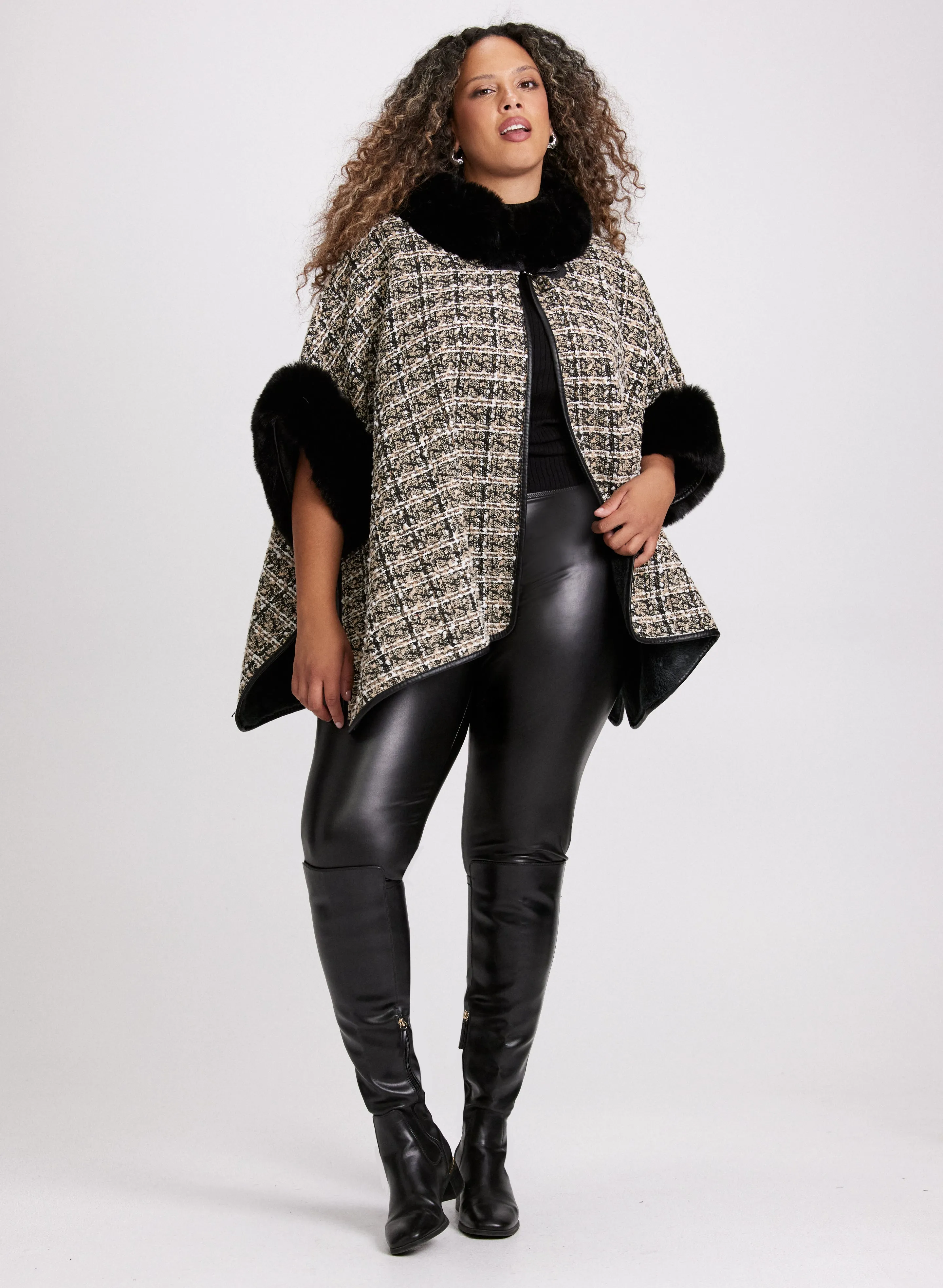 Bouclé Faux Fur Trim  Poncho