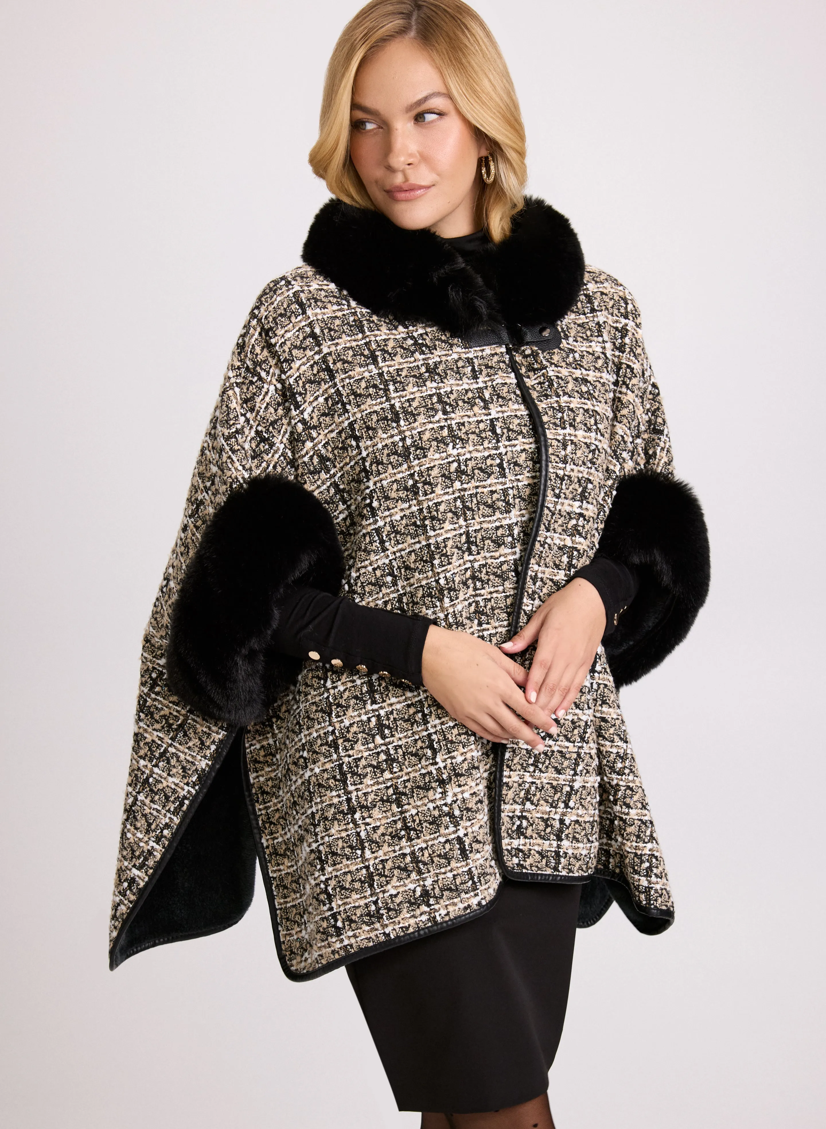 Bouclé Faux Fur Trim  Poncho