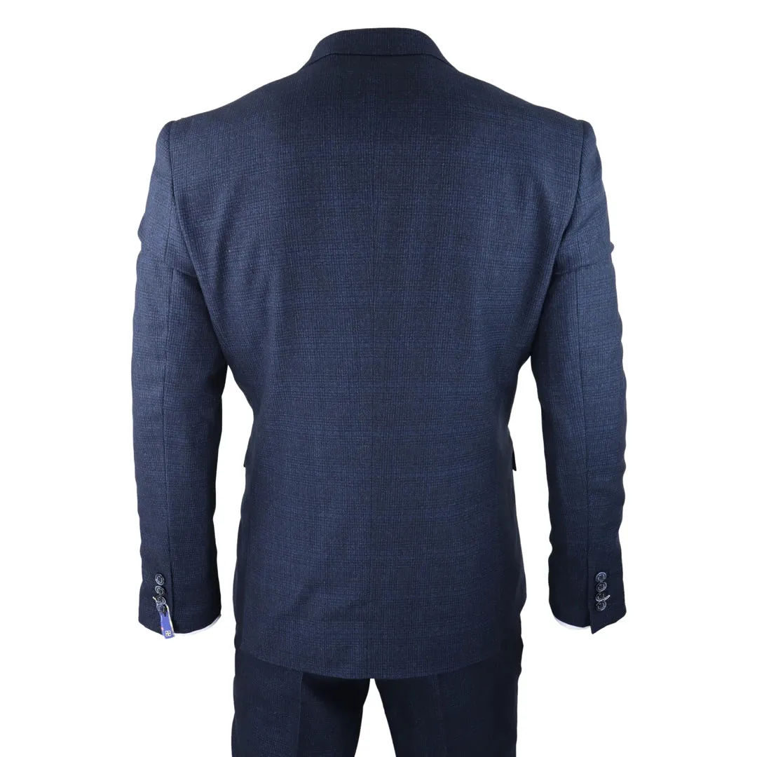 Caridi - Men's Herringbone Tweed Navy Blue Check 3 Piece Suit