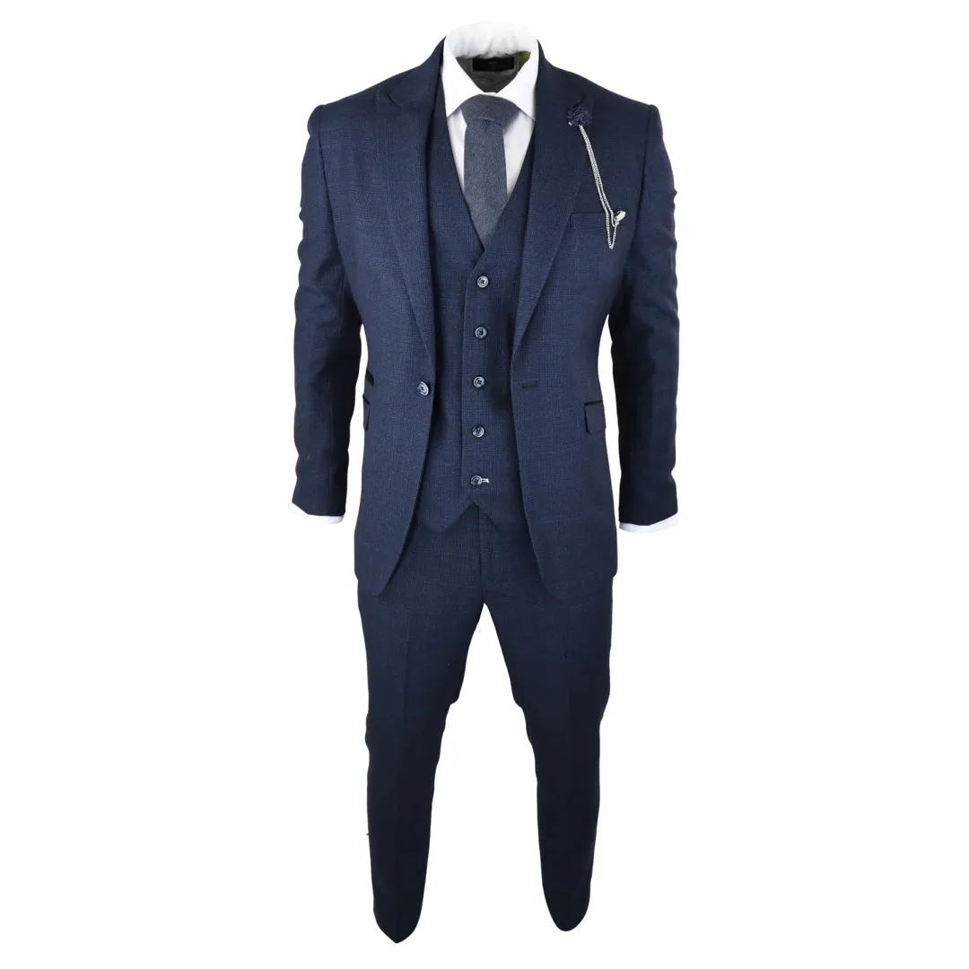 Caridi - Men's Herringbone Tweed Navy Blue Check 3 Piece Suit