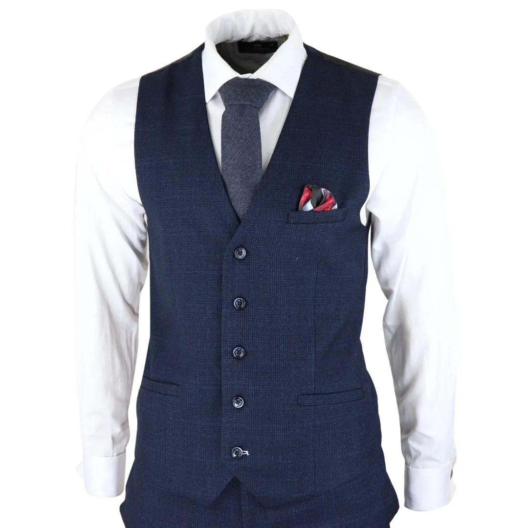 Caridi - Men's Herringbone Tweed Navy Blue Check 3 Piece Suit