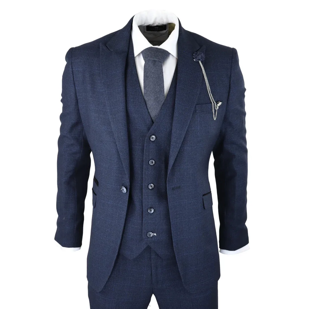 Caridi - Men's Herringbone Tweed Navy Blue Check 3 Piece Suit