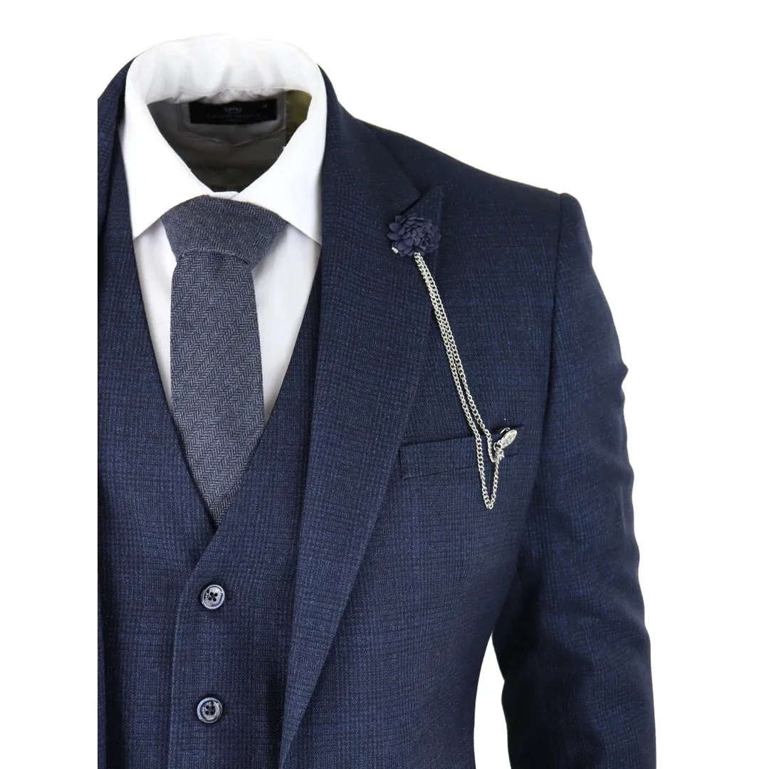 Caridi - Men's Herringbone Tweed Navy Blue Check 3 Piece Suit