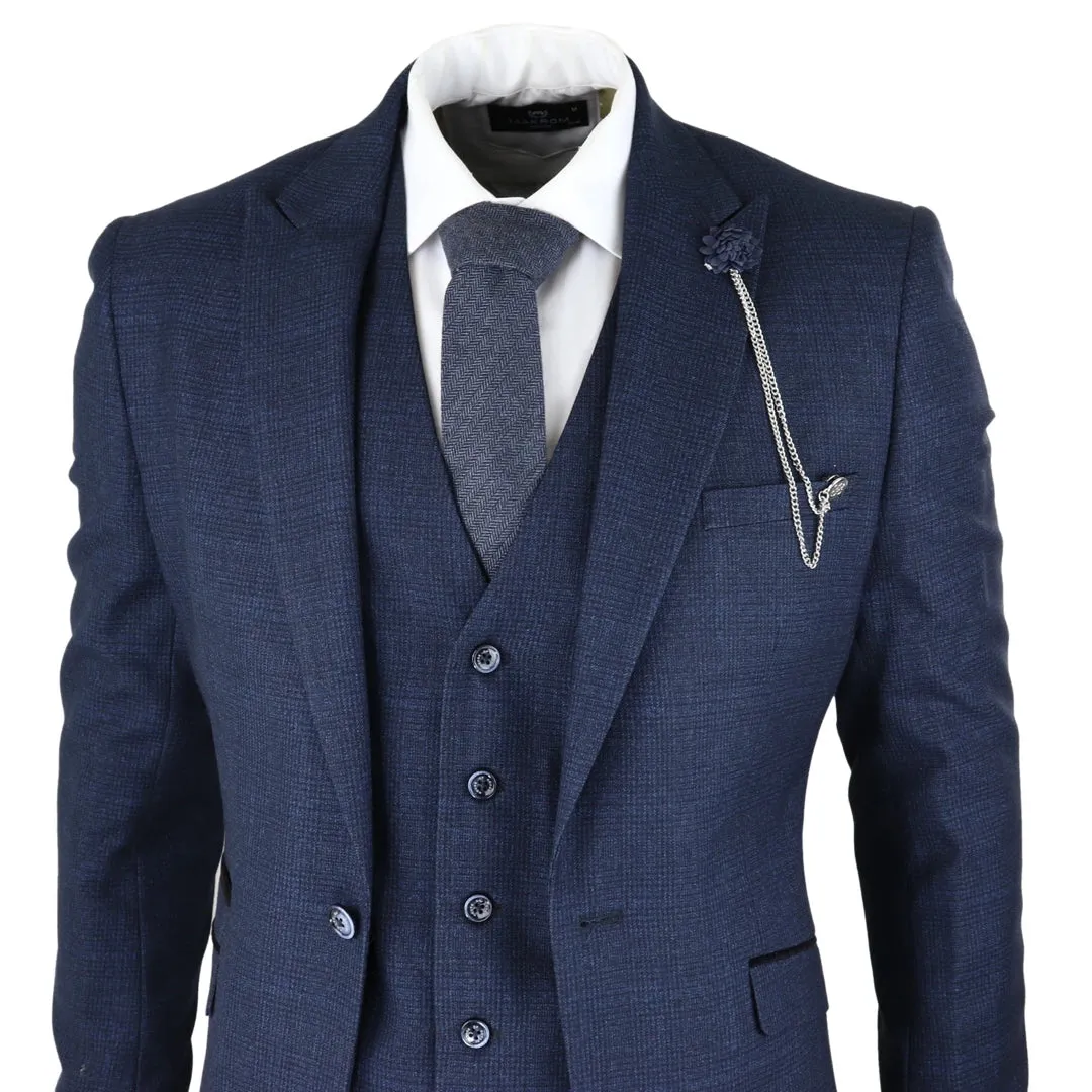 Caridi - Men's Herringbone Tweed Navy Blue Check 3 Piece Suit