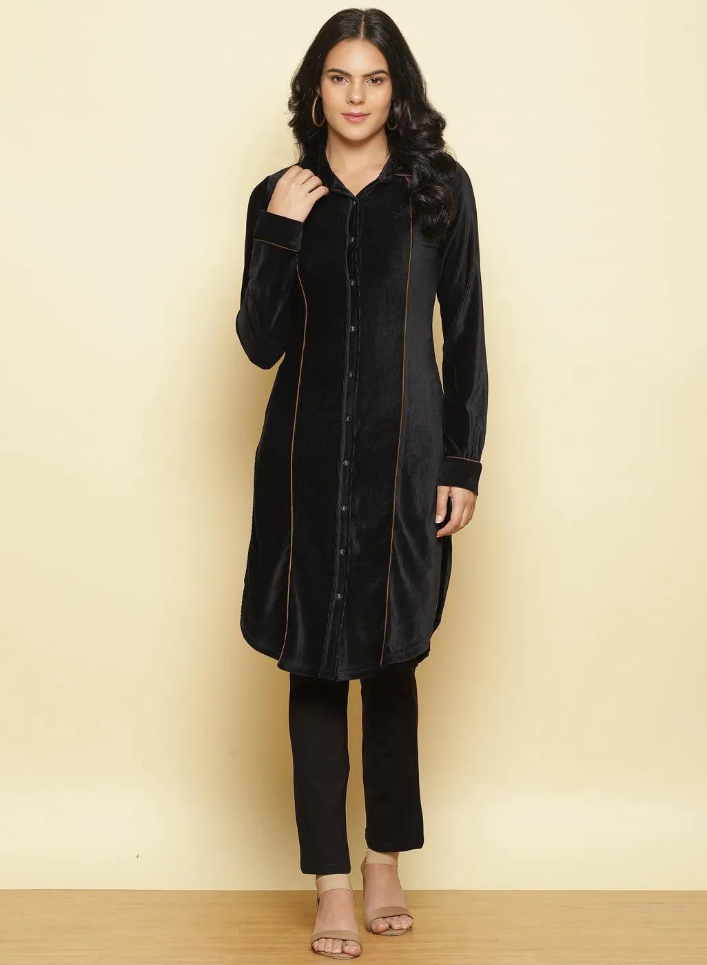 Charcoal Black Velvet Pintuck Kurti