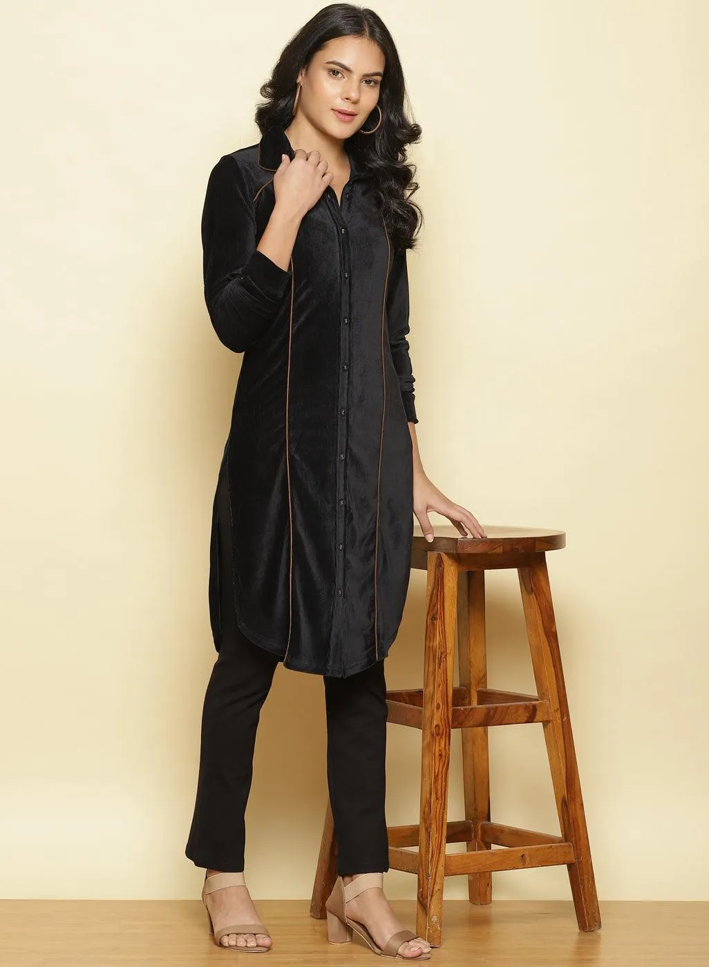 Charcoal Black Velvet Pintuck Kurti