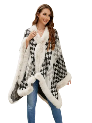 Checkered Faux Fur Trim Poncho