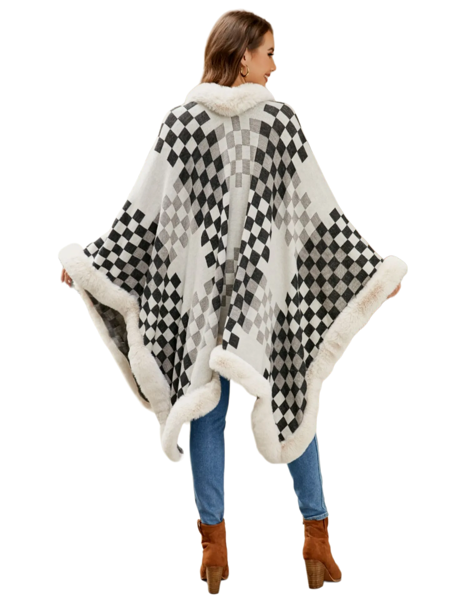 Checkered Faux Fur Trim Poncho