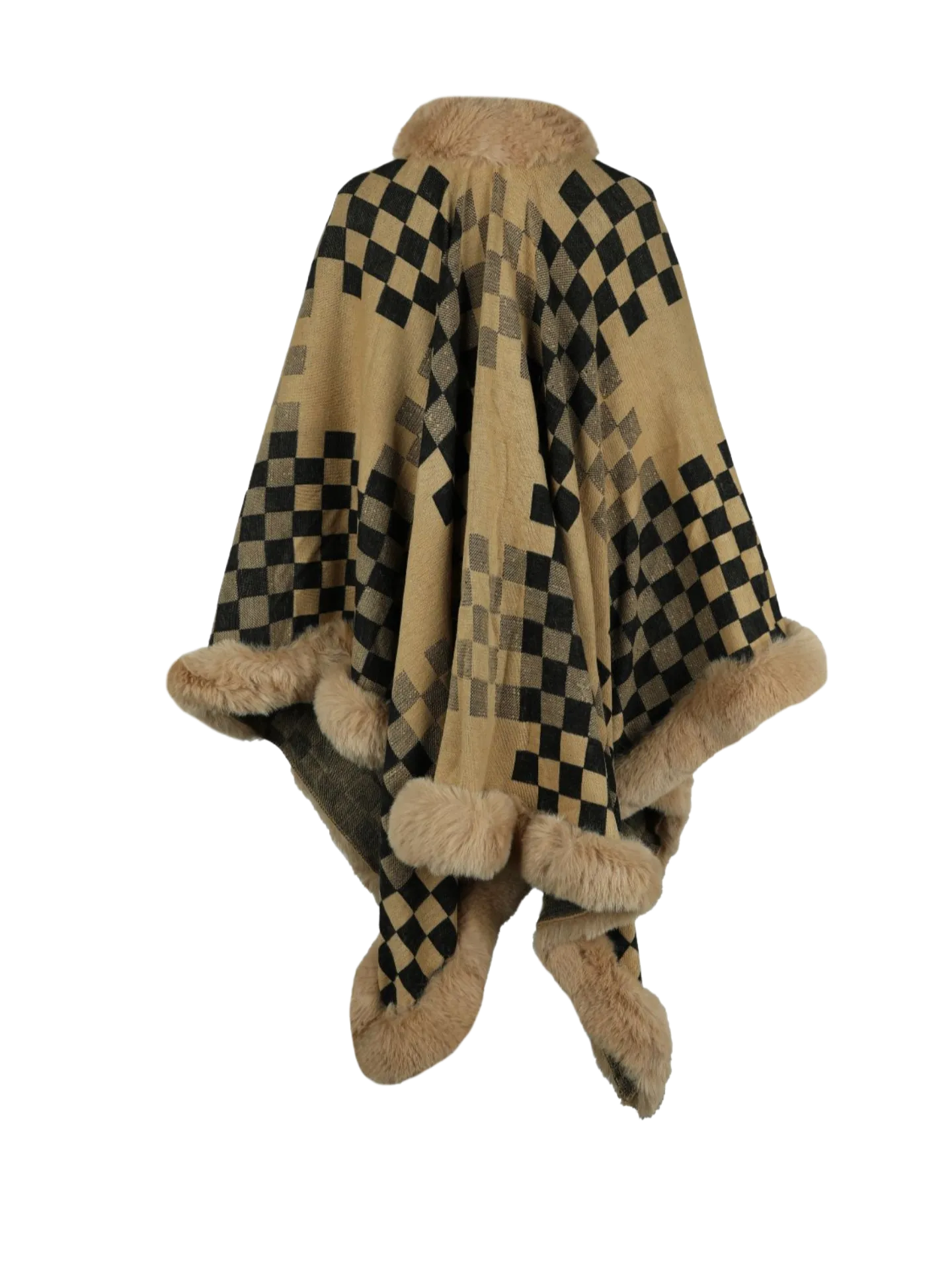 Checkered Faux Fur Trim Poncho