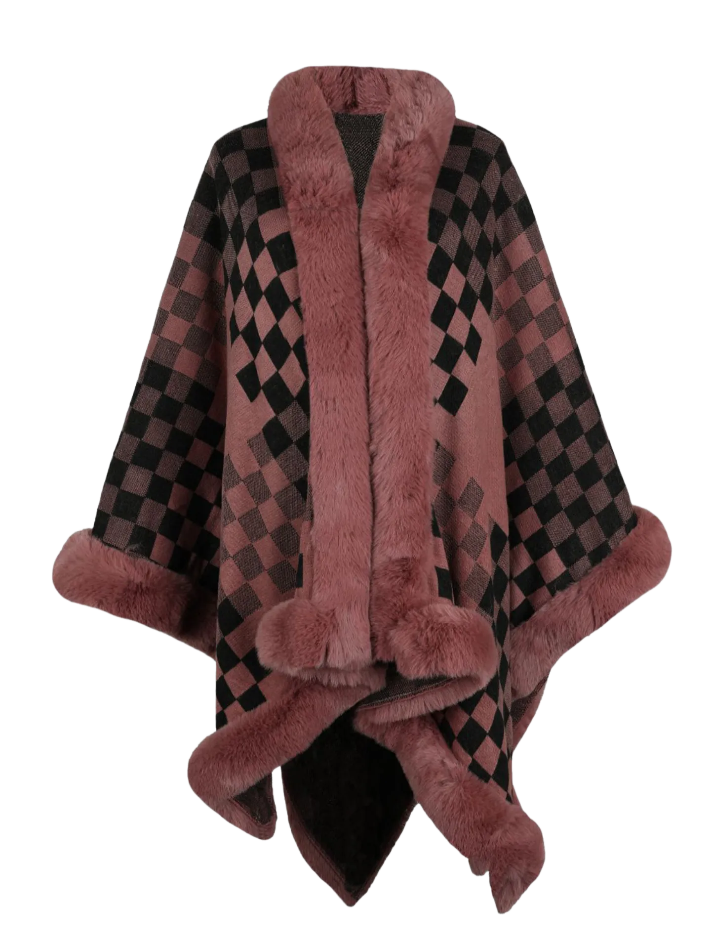 Checkered Faux Fur Trim Poncho