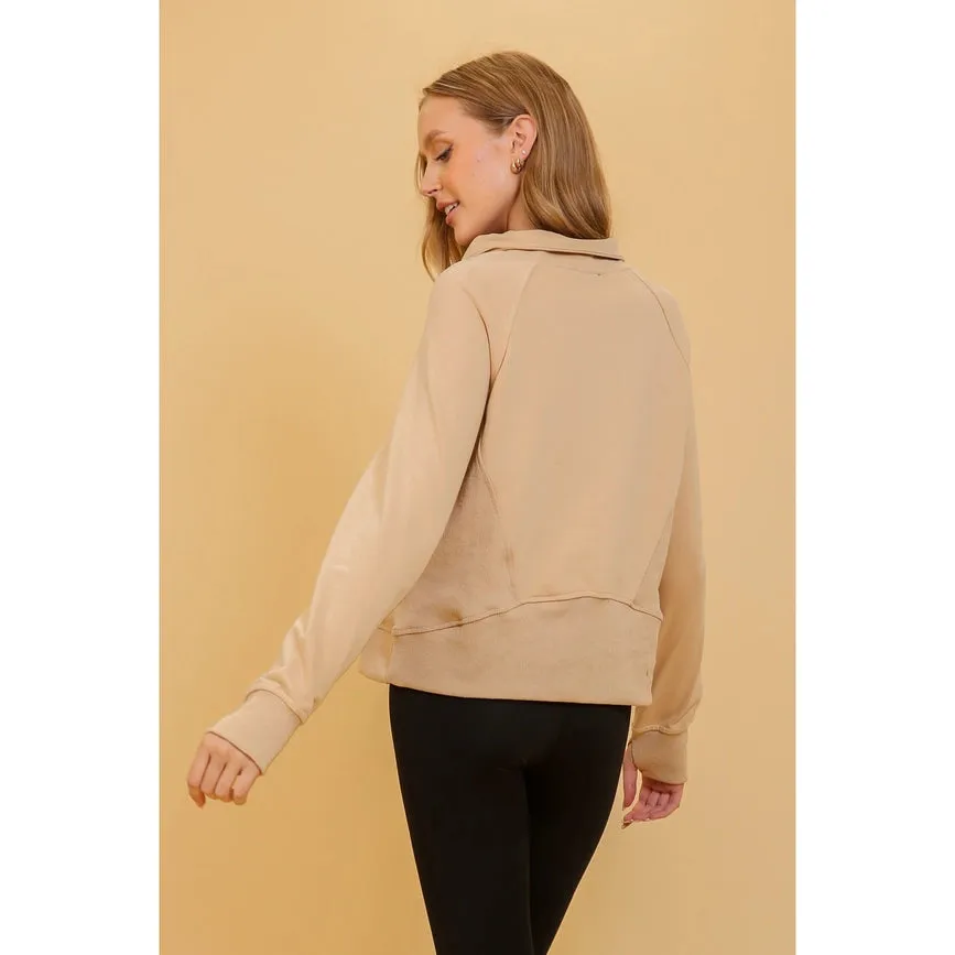 Chic Half Zip Pullover Sweatshirt with Stand Up Collar TAUPE