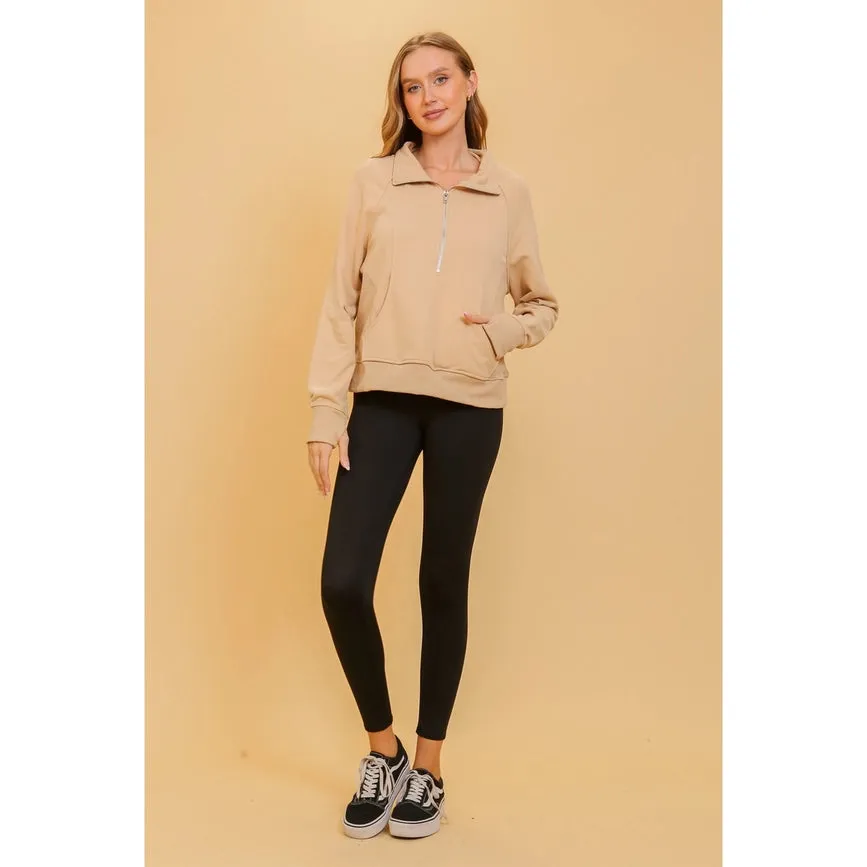 Chic Half Zip Pullover Sweatshirt with Stand Up Collar TAUPE