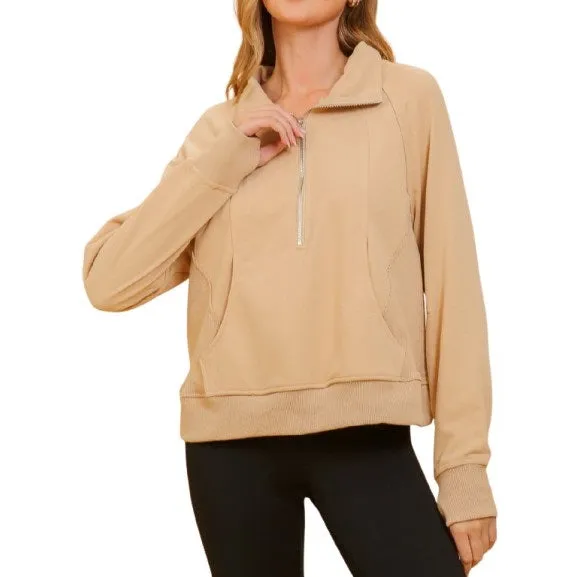 Chic Half Zip Pullover Sweatshirt with Stand Up Collar TAUPE