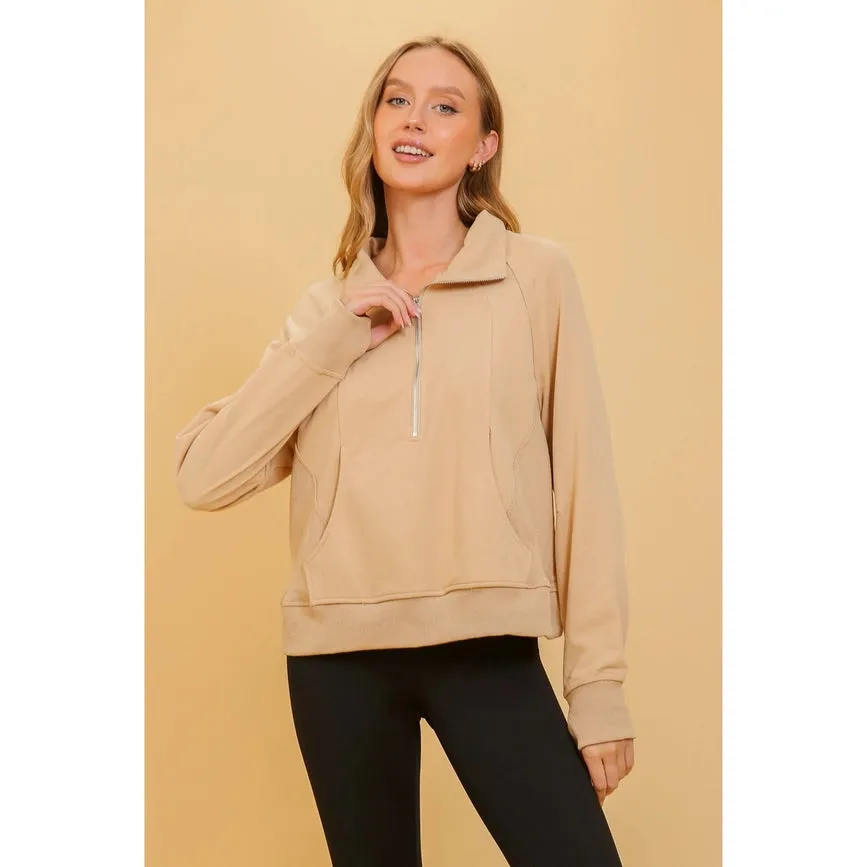 Chic Half Zip Pullover Sweatshirt with Stand Up Collar TAUPE