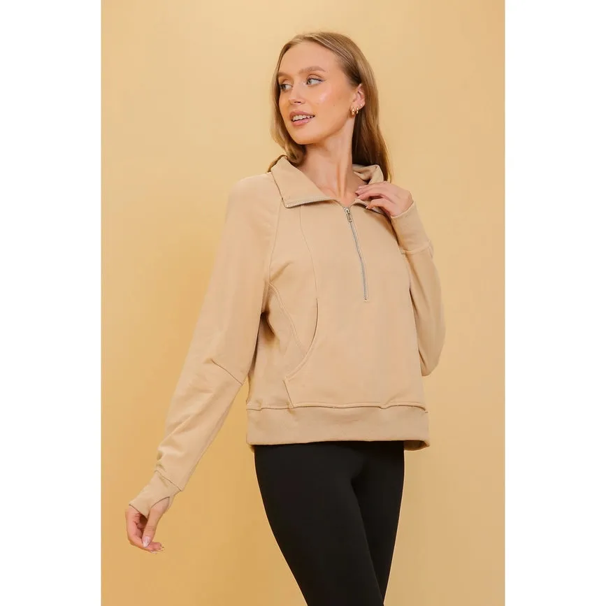 Chic Half Zip Pullover Sweatshirt with Stand Up Collar TAUPE