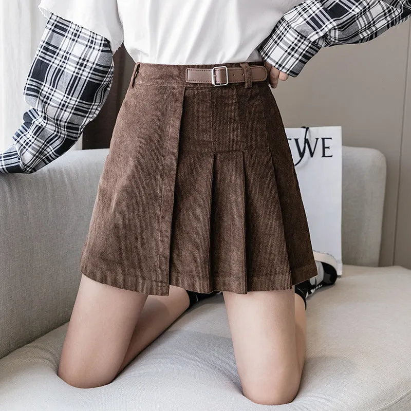 Corduroy pleated skirt A-line half skirt high waist slim fit irregular hem