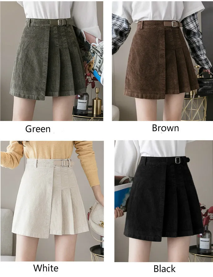 Corduroy pleated skirt A-line half skirt high waist slim fit irregular hem