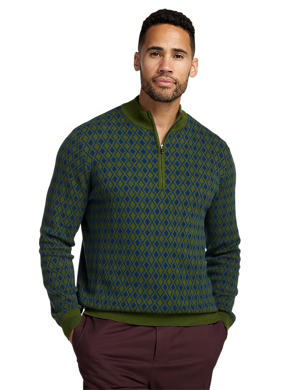 Cotton Quarter Zip Mock Neck Sweater - Olive