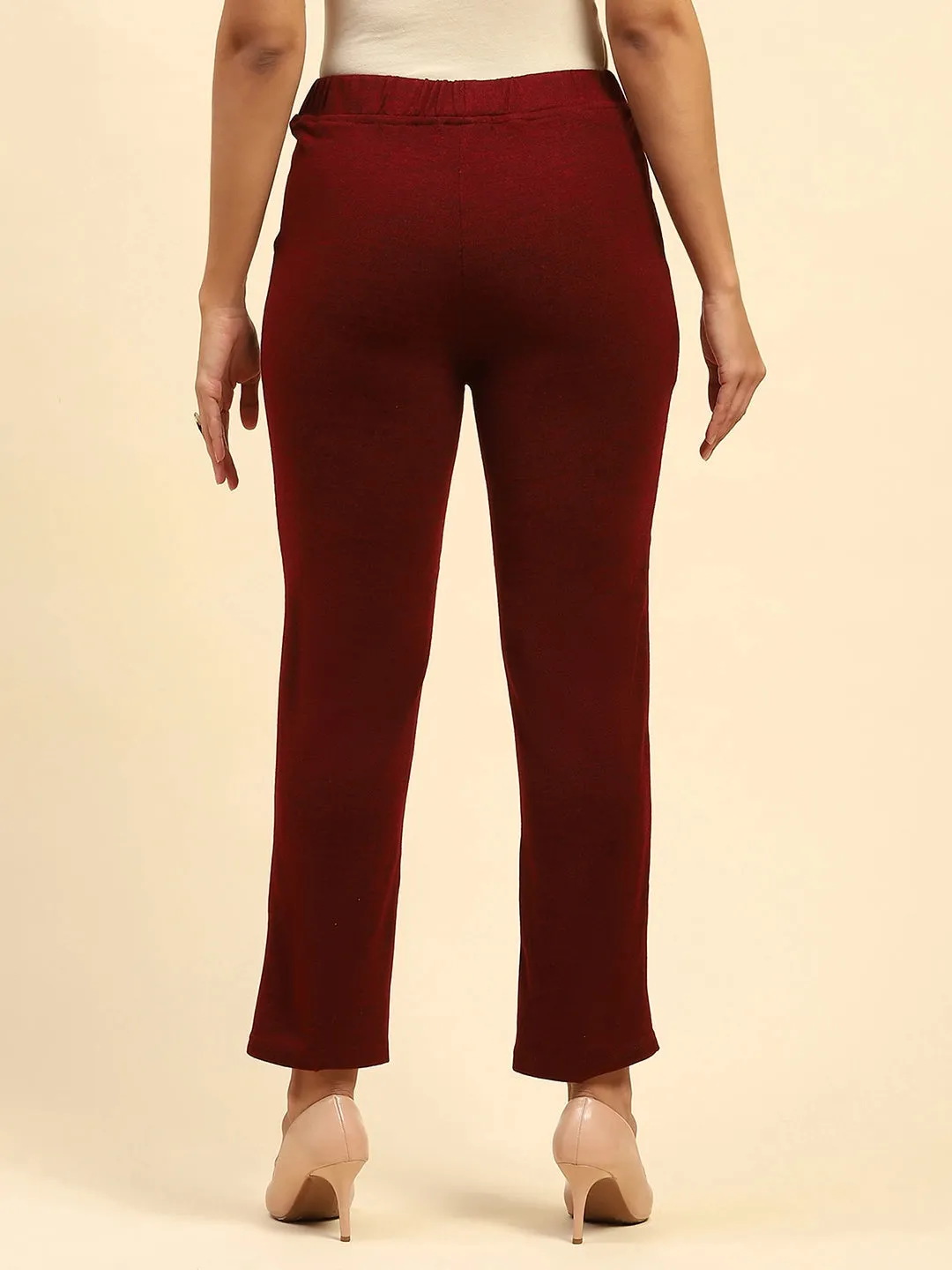 Dark Maroon Woolen Solid Pant For Winter