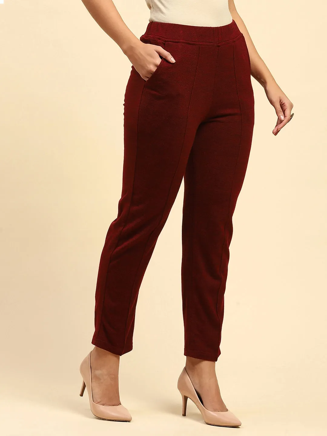 Dark Maroon Woolen Solid Pant For Winter