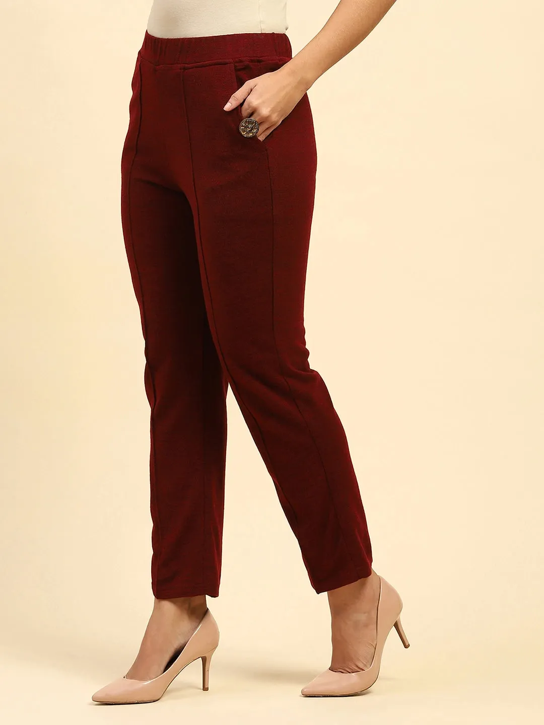 Dark Maroon Woolen Solid Pant For Winter