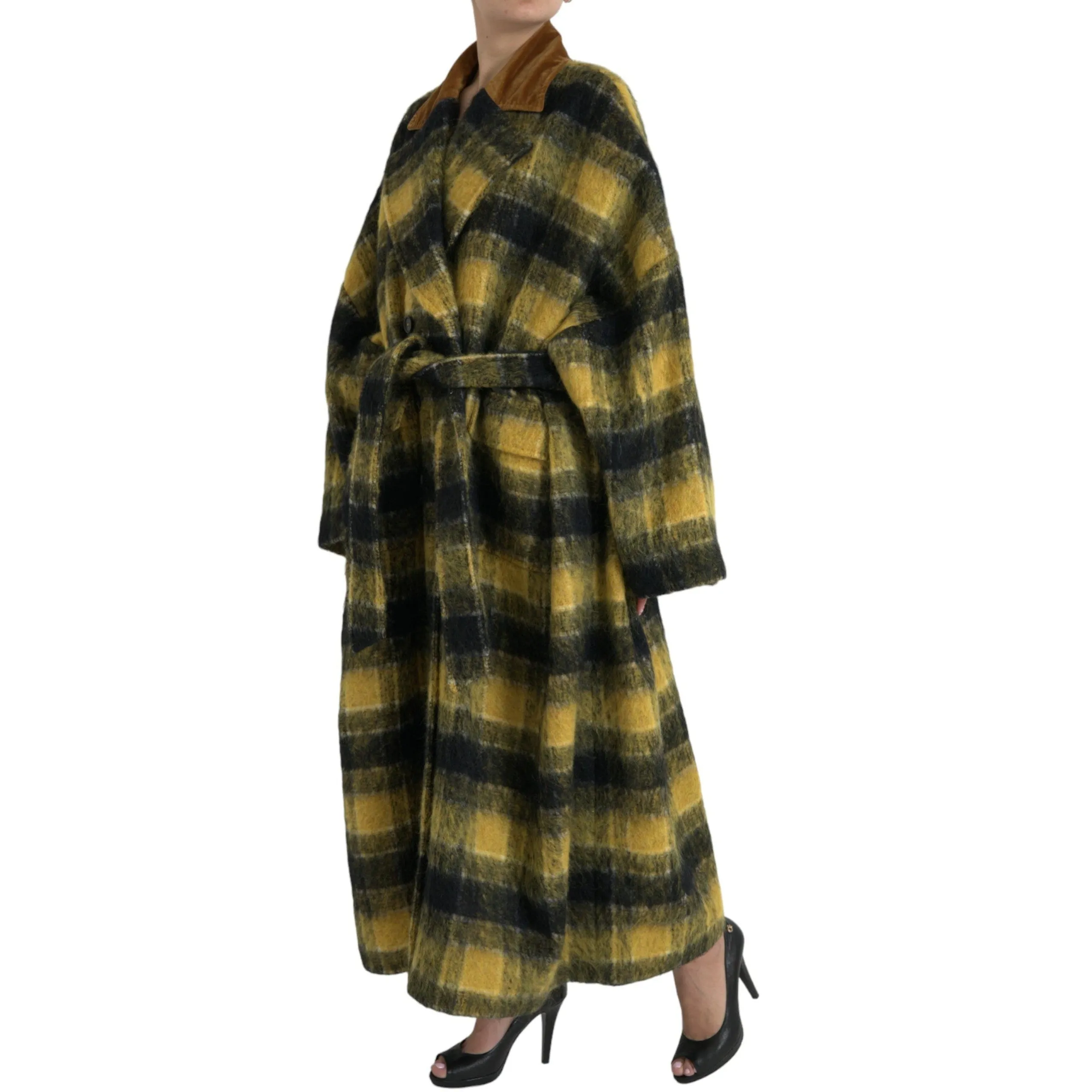 Dolce & Gabbana Chic Checkered Long Trench Coat in Sunny Yellow