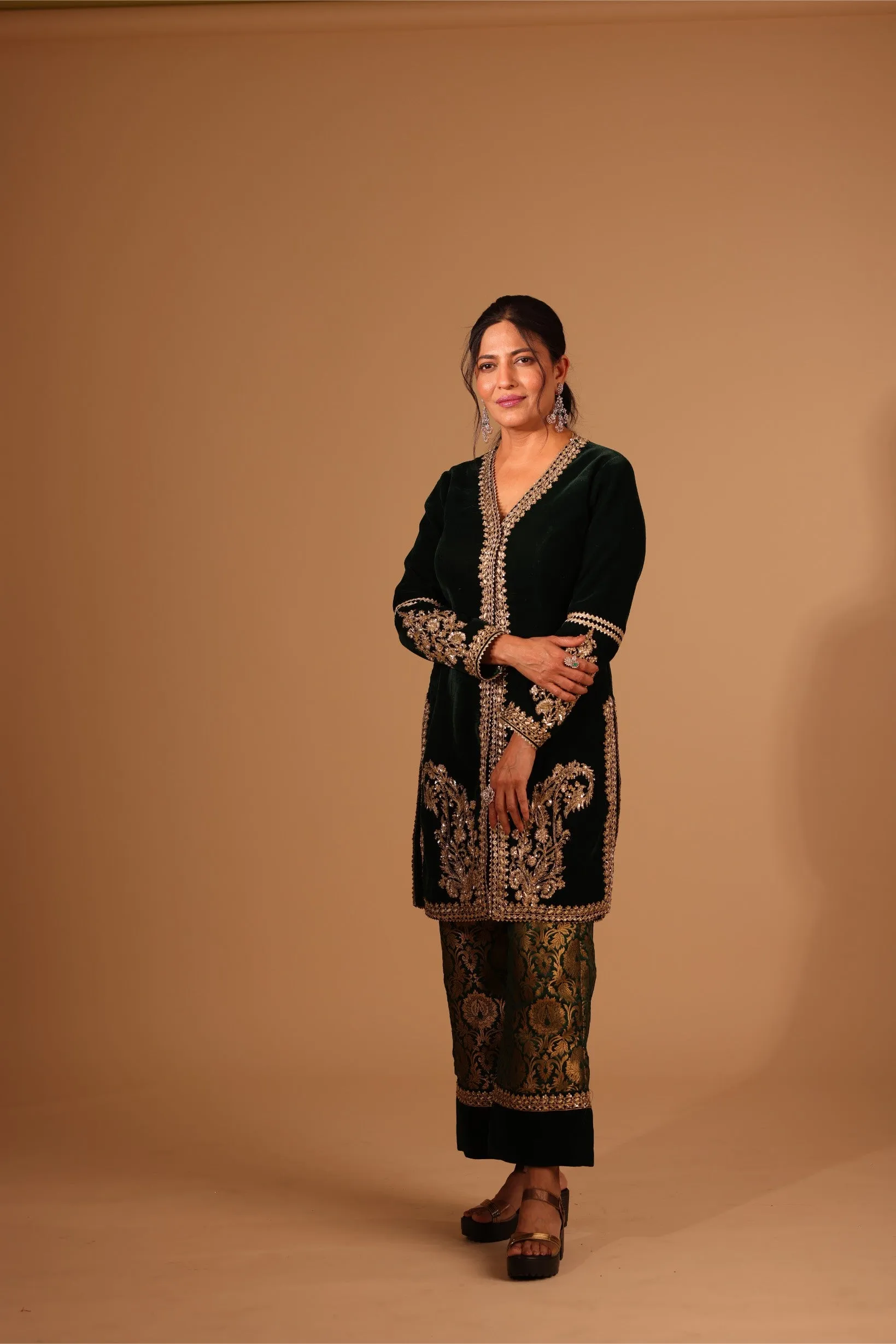 Emerald Green Velvet Kurta Set with Banarasi Brocade Pants