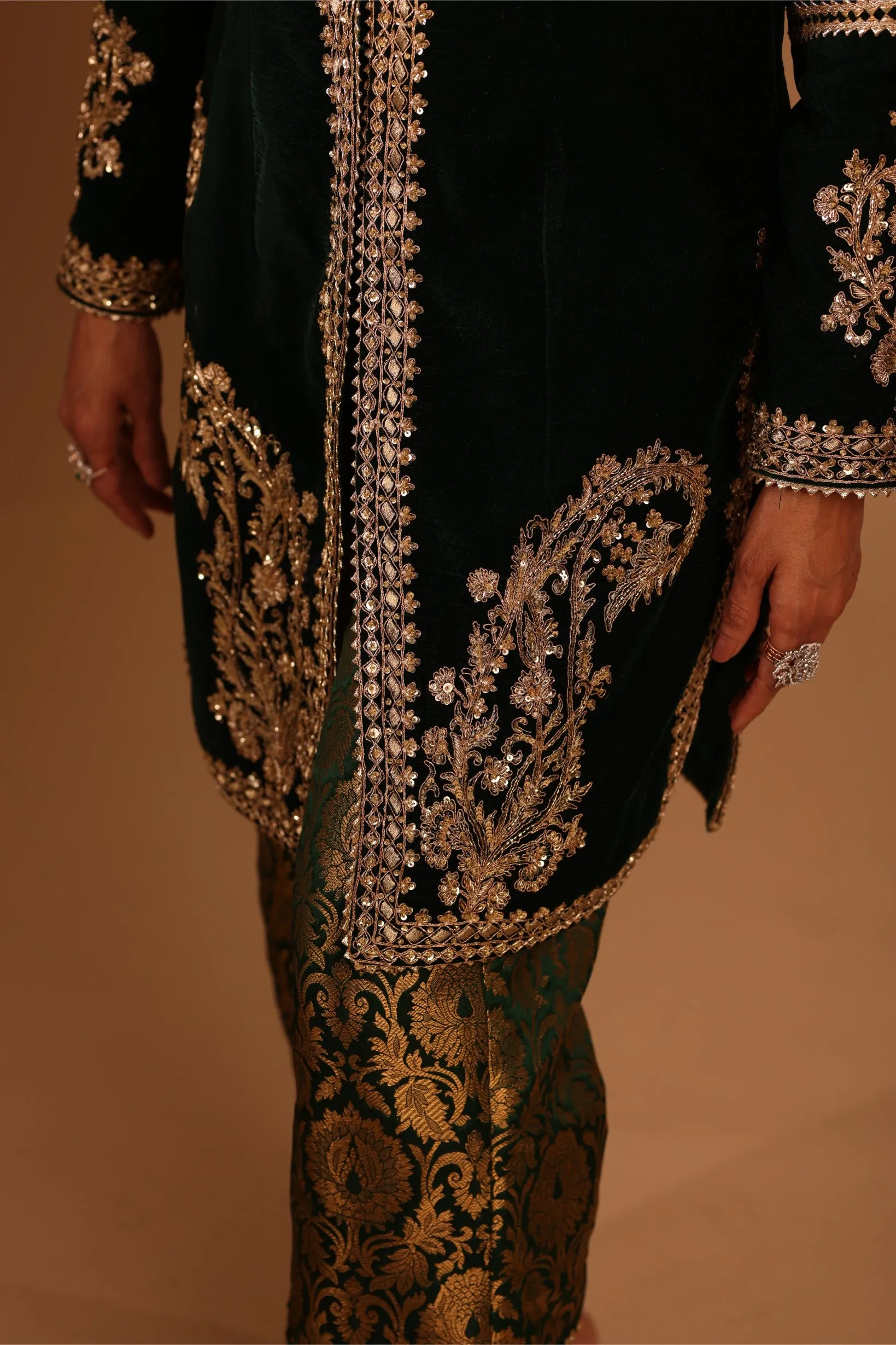 Emerald Green Velvet Kurta Set with Banarasi Brocade Pants