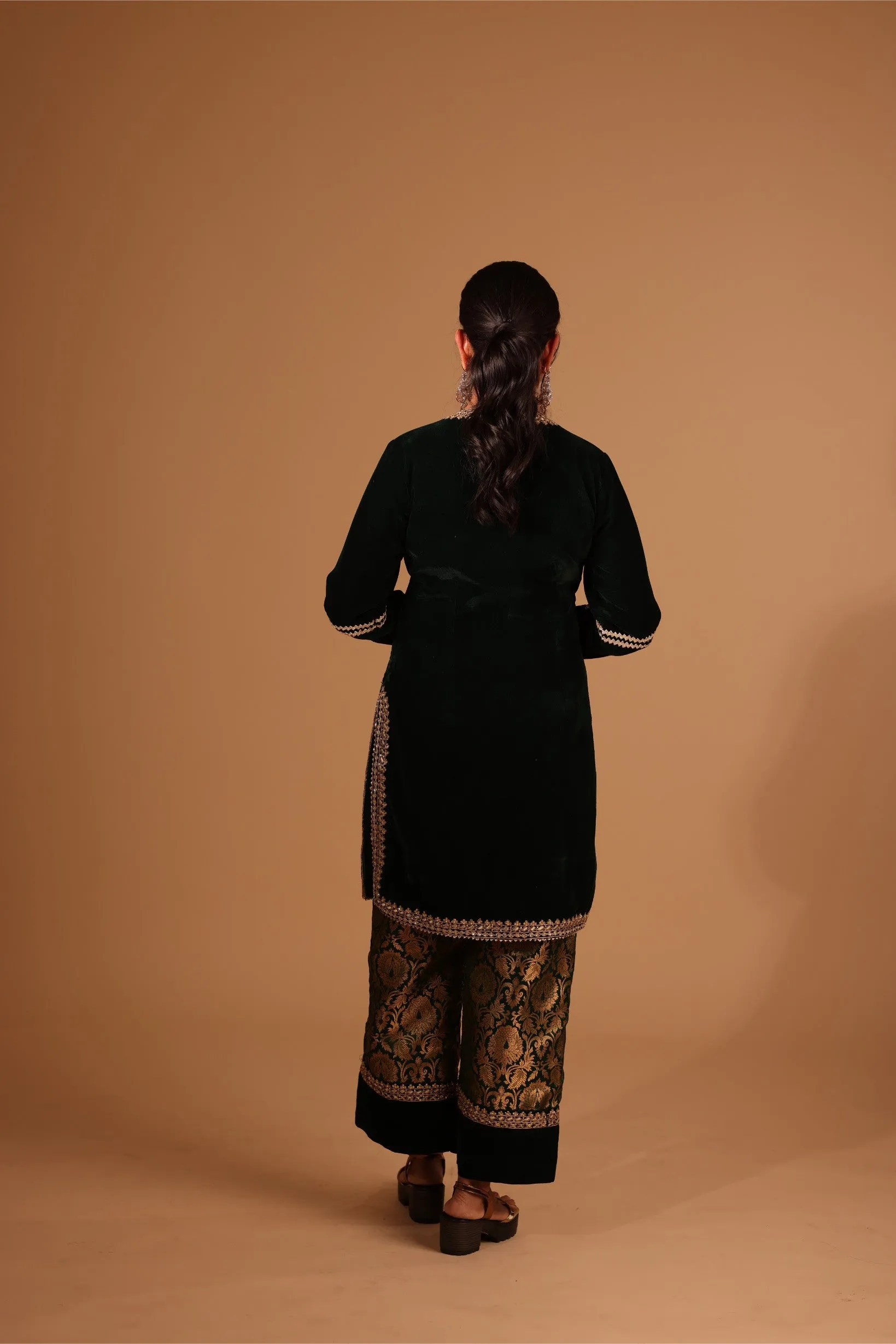 Emerald Green Velvet Kurta Set with Banarasi Brocade Pants