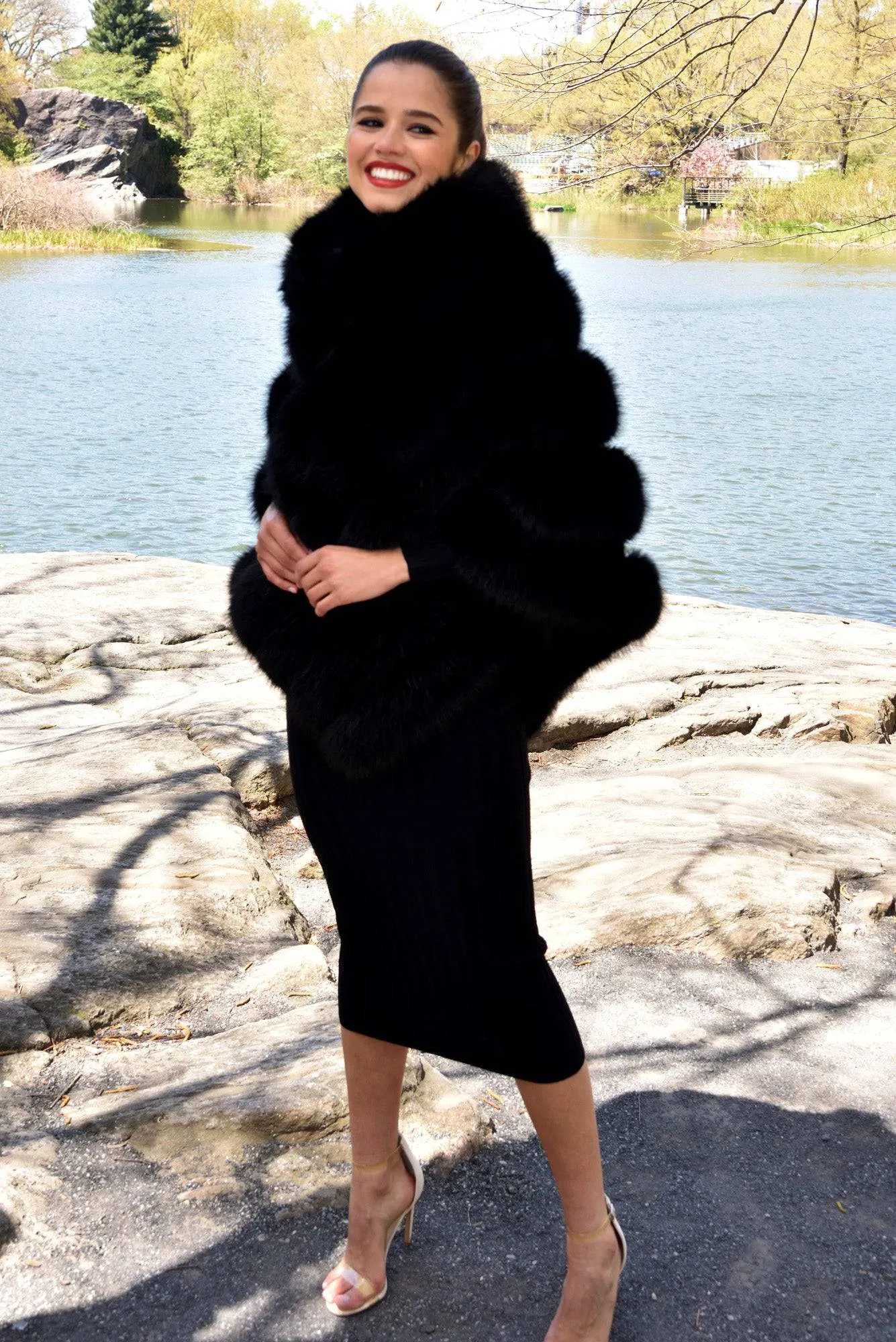 Faux Fur Poncho with Zipper - Black