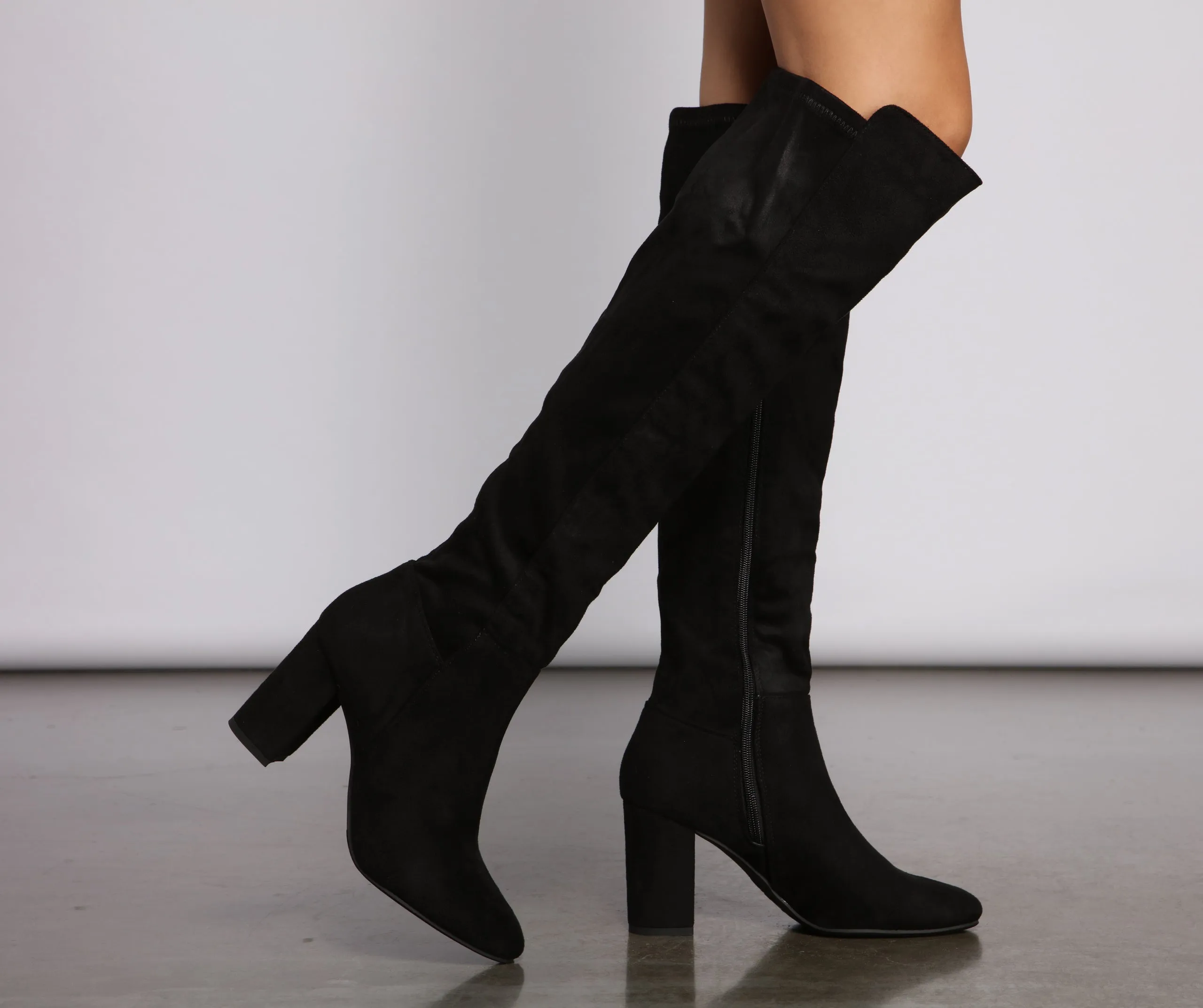 Faux Suede Pointed Toe Block Heel Boots