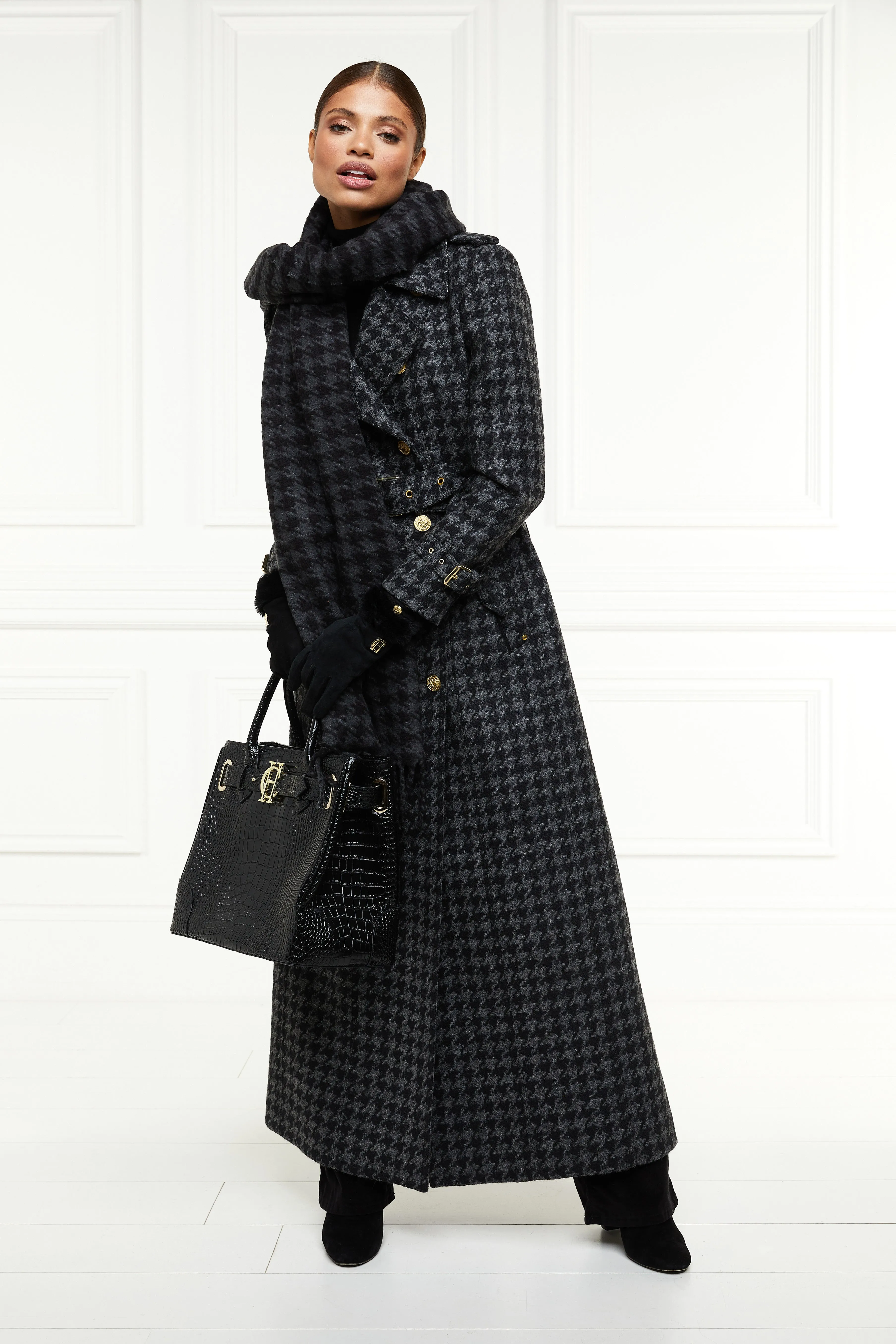 Full Length Chelsea Trench Coat (Large Scale Charcoal Houndstooth)