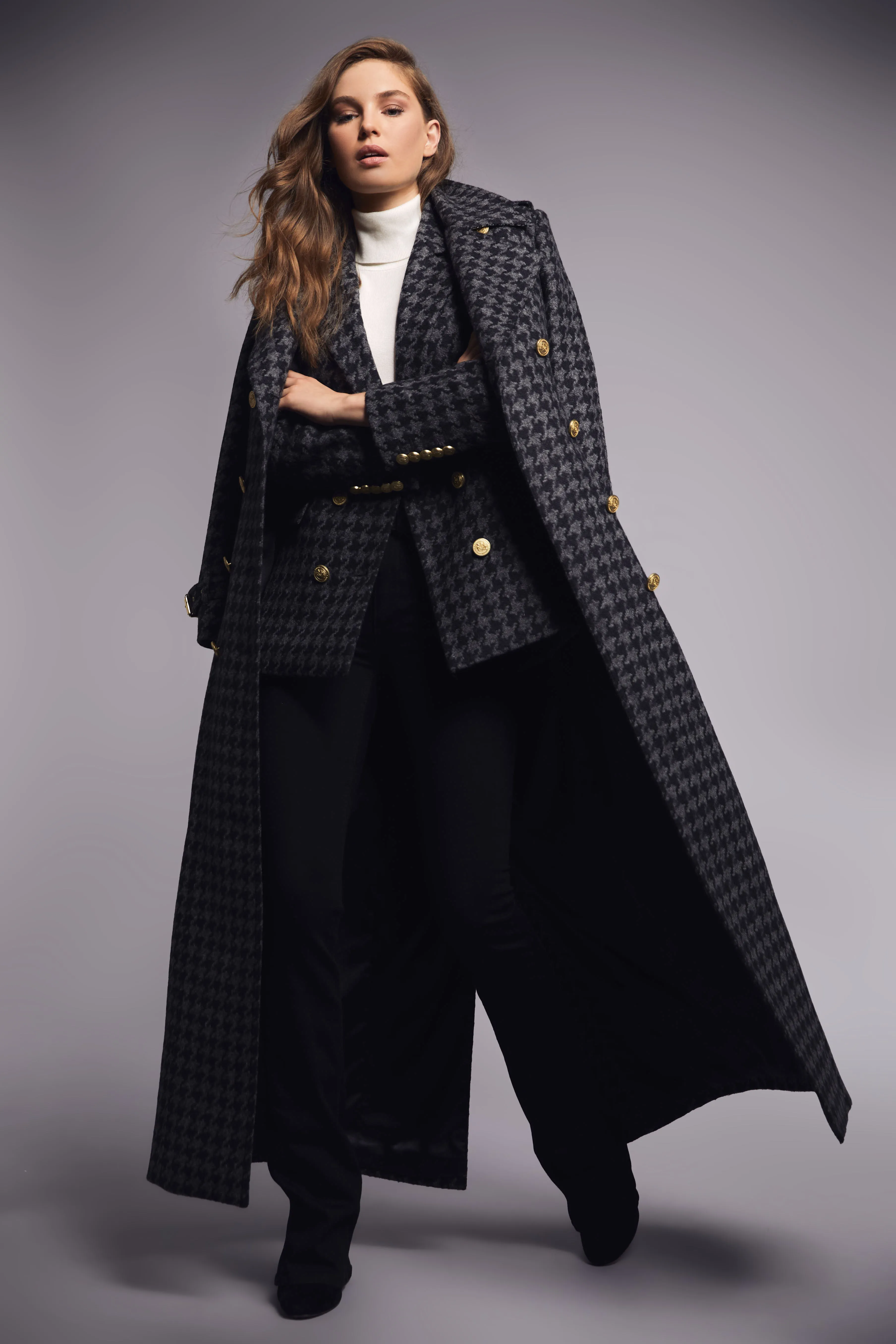 Full Length Chelsea Trench Coat (Large Scale Charcoal Houndstooth)