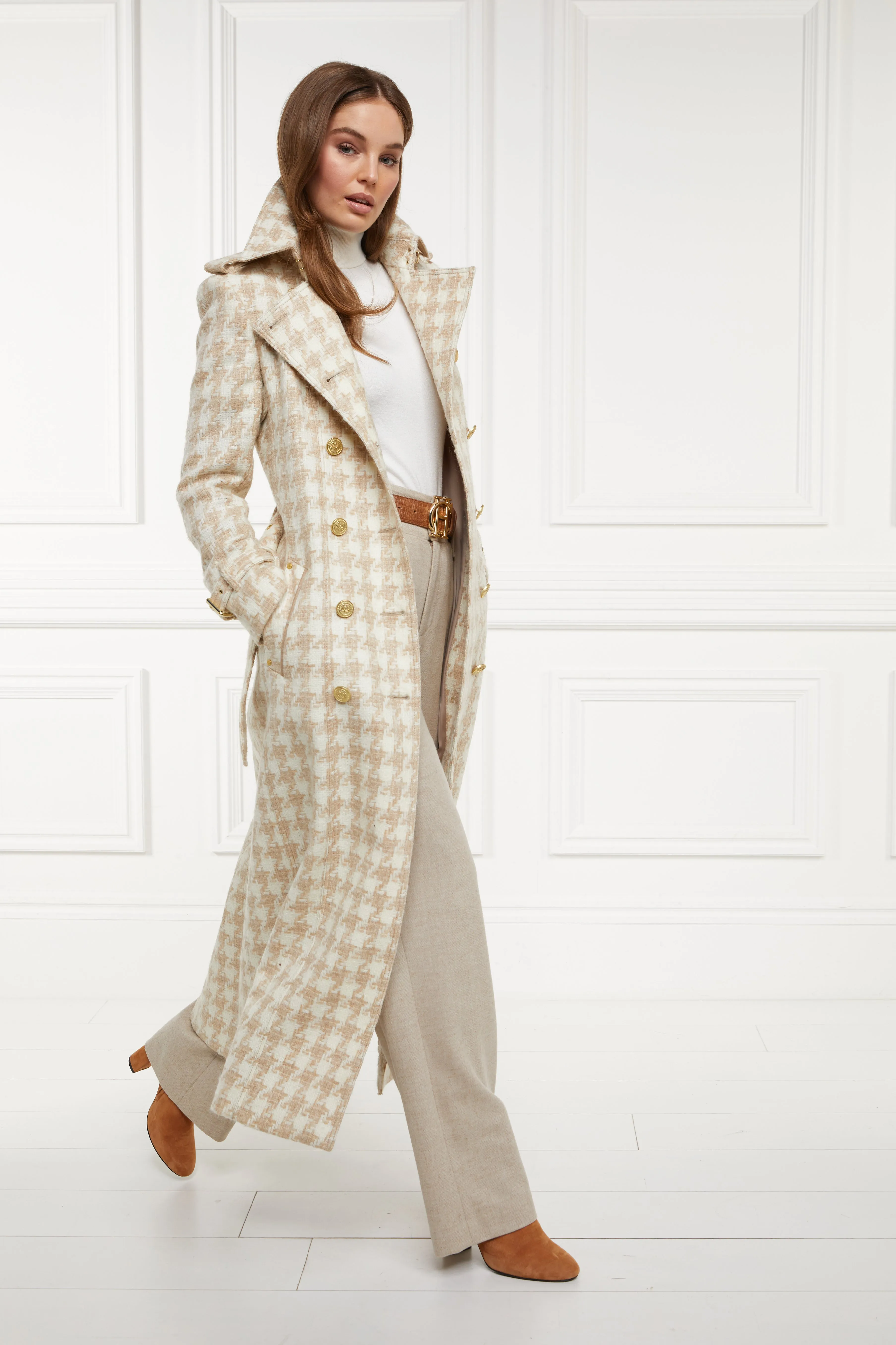 Full Length Marlborough Trench Coat (Camel Houndstooth)