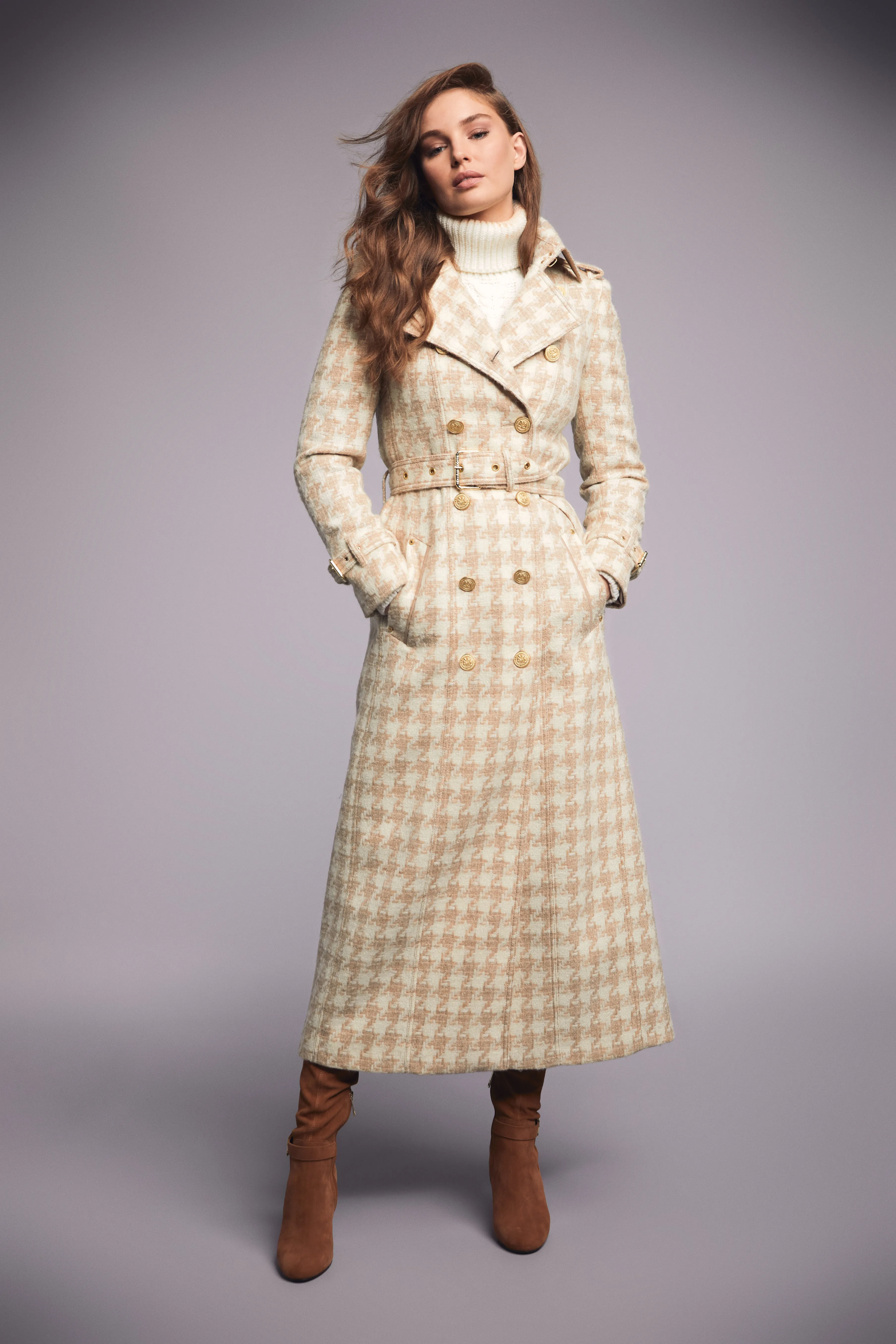 Full Length Marlborough Trench Coat (Camel Houndstooth)